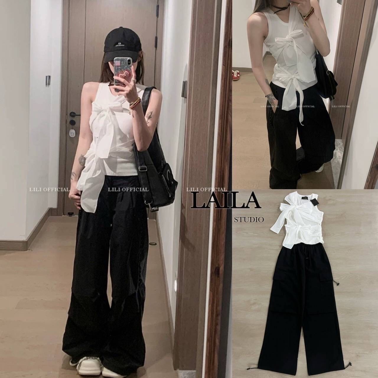 SETเสื้อ+กางเกง+เข็มกลัด เสื้อแขนเว้าทรงคอกลมโทรนสีขาว เนื้อผ้าใส่กำลังดี แต่งสายโบว์ผูกที่ อกให้ลุกน่ารักสวยแพง มาพร้อมกางเกงคาโก้สีขาวโทนดำดูเท่ แต่งด้วยเชือกผูกเอวด้านข้างมีกระเป๋าสองข้างสุดชิคสุดๆ ปลายขาแต่งด้วยเชือกรูด ใส่ได้ทั้งขาจั้มขาปล่อย สววยเท่