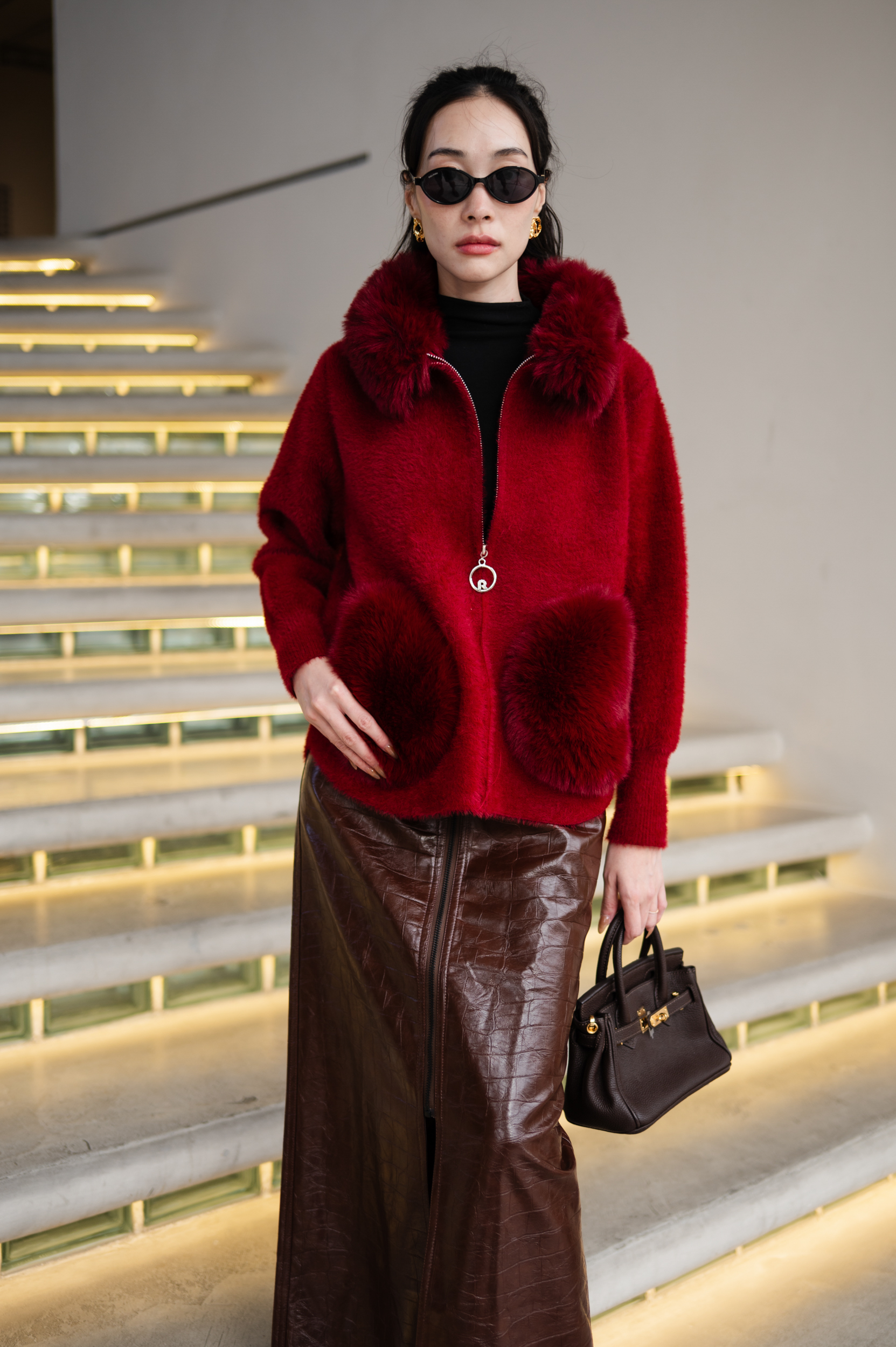 เสื้อกันหนาวขนเฟอร์แขนยาวปกขน