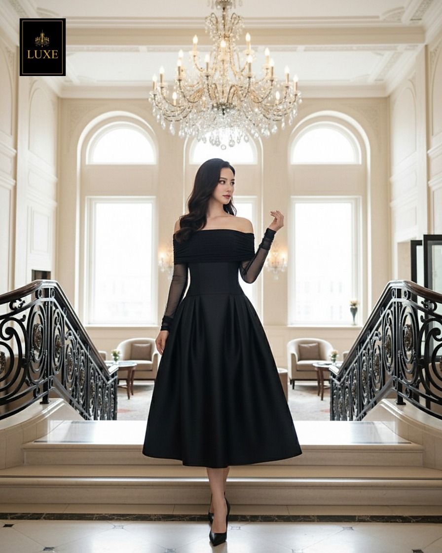 ☑️ เดรสเสื้อแขนยาวเปิดไหล่ กระโปรงยาวคลุมเข่า แขนเสื้อซีทรู ☑️ ตัวชุดทำจากผ้าไหมดัตเชส แขนเสื้อทำจากผ้าเน็ตเนื้อนุ่มยืดหยุ่น ☑️ คัทติ้งประณีต มีซิปซ่อนและซับใน