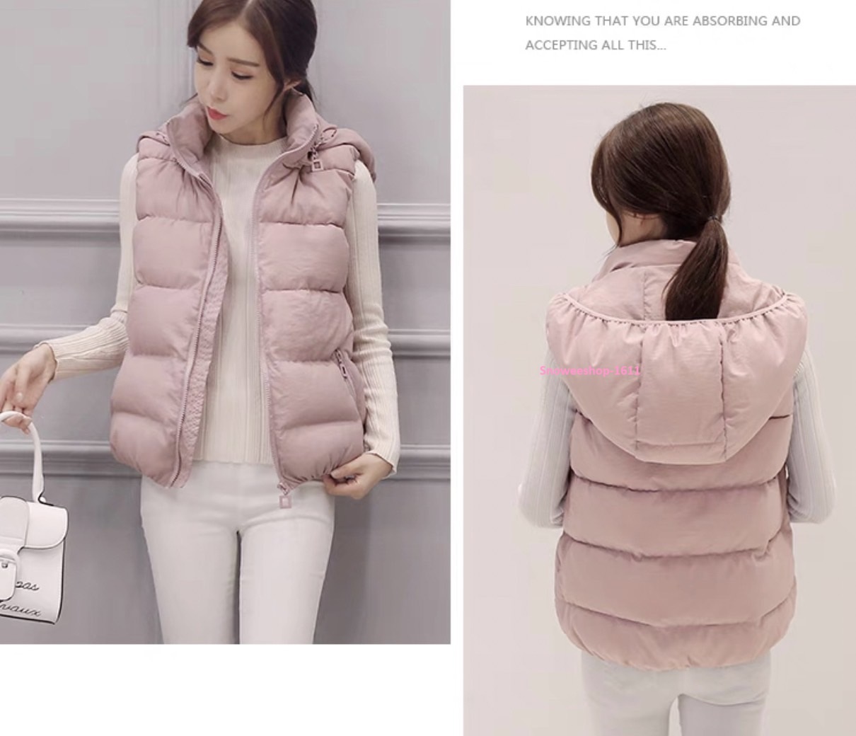 เสื้อกั๊กผู้หญิงทรงแจ็คเก็ตตัวสั้นสำหรับใส่กันหนาว กันลม กันหิมะ ใส่เป็นเสื้อตัวนอก ใส่แล้วอุ่นมาก ปกคอสูงหมวกฮู้ดถอดแยกได้ ใส่ได้สองแบบมาพร้อม 5 เฉดสีหลายไซ