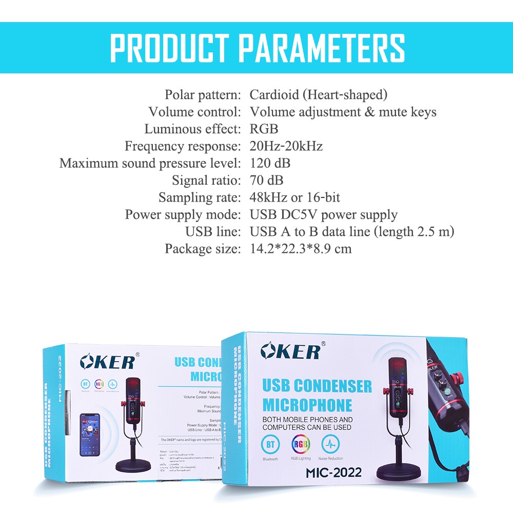 MIC-2022 OKER USB CONDENSER MICROPHONE BLUETOOTH RGB Lighing ลดสัญญาณรบกวน MI-OK-XX-2022B