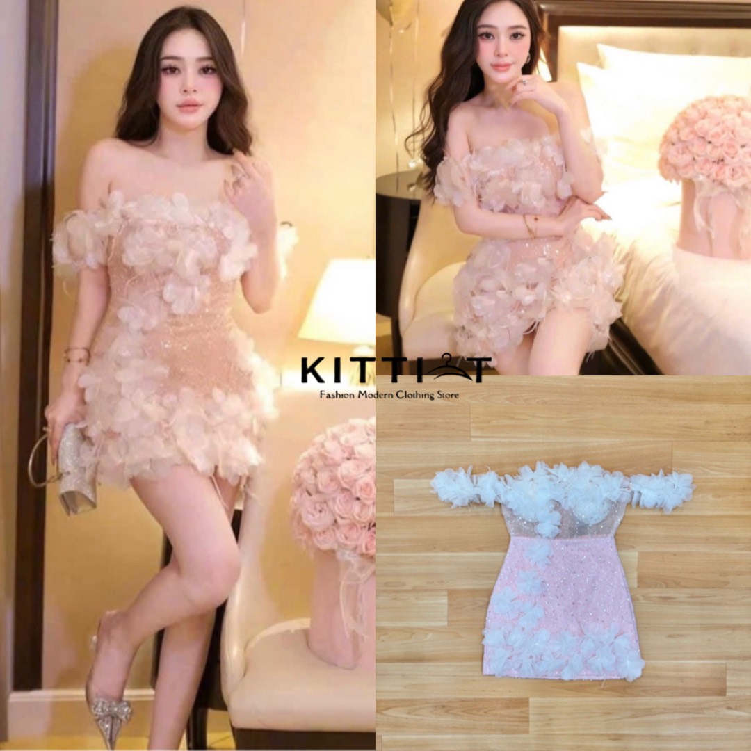 Dress เกาะอก สาย luxury ห้ามพลาดคลอนี้ สีใหม่ล่าสุด โดดเด่นด้วยเนื้อผ้า ผ้ากลิตเตอร์ ทั้งตัวตกแต่งด้วยดอกไม้ผ้าชีฟอง มีฟองน้ำเสริมหน้าอก ซิบหลีง มีแขนข้างเป็นดอกไม้สีขาว รุ่นนี้ใครพลาด เสียใจแน่เลย