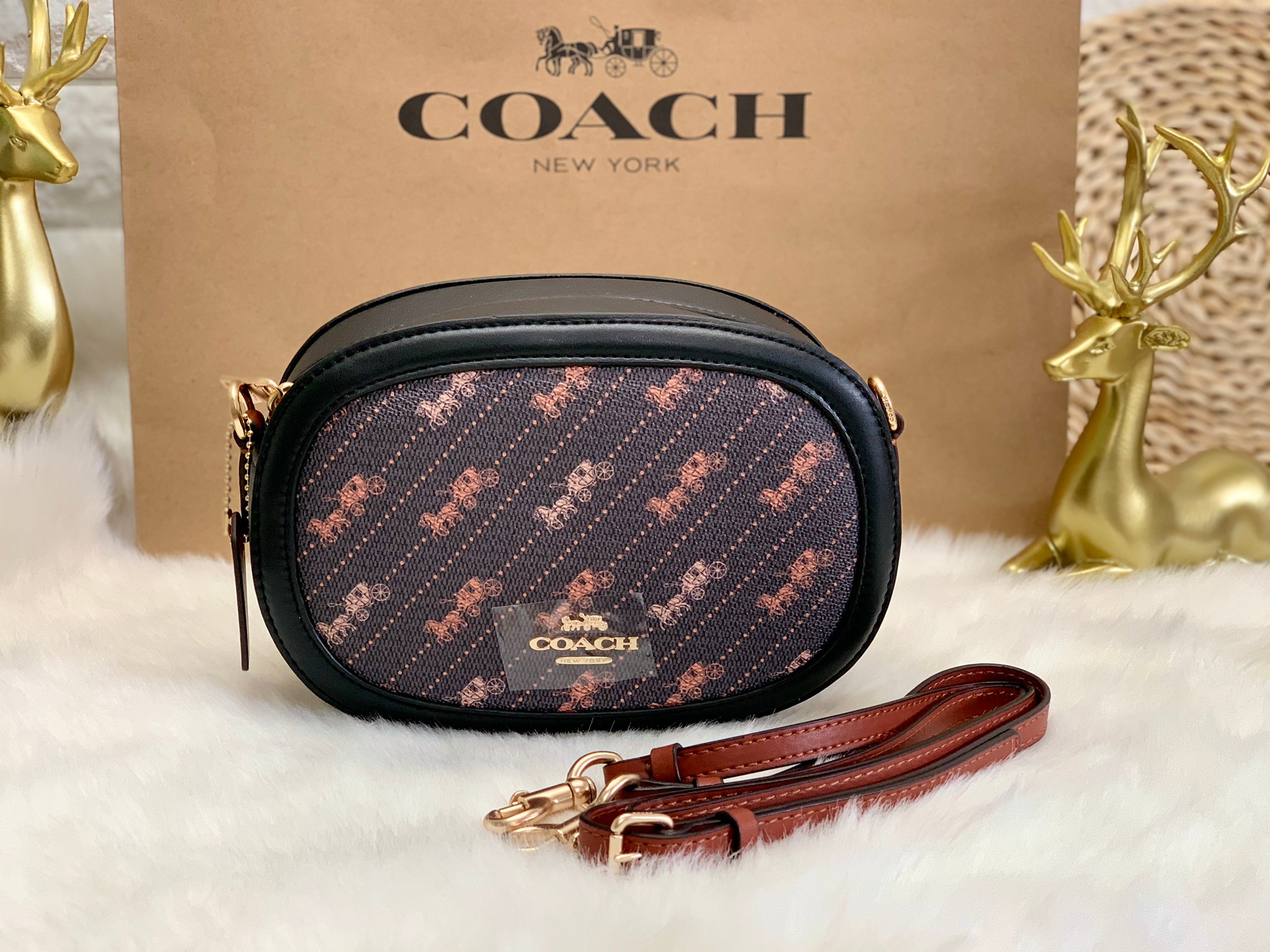 กระเป๋าสะพายทรงกล่องกลมไฮโซน่ารักเก๋ๆ แบรนด์เนมโค้ชสีดำลายรถม้า COACH CAMERA BAG WITH HORSE AND CARRIAGE DOT PRINT ((C4057))