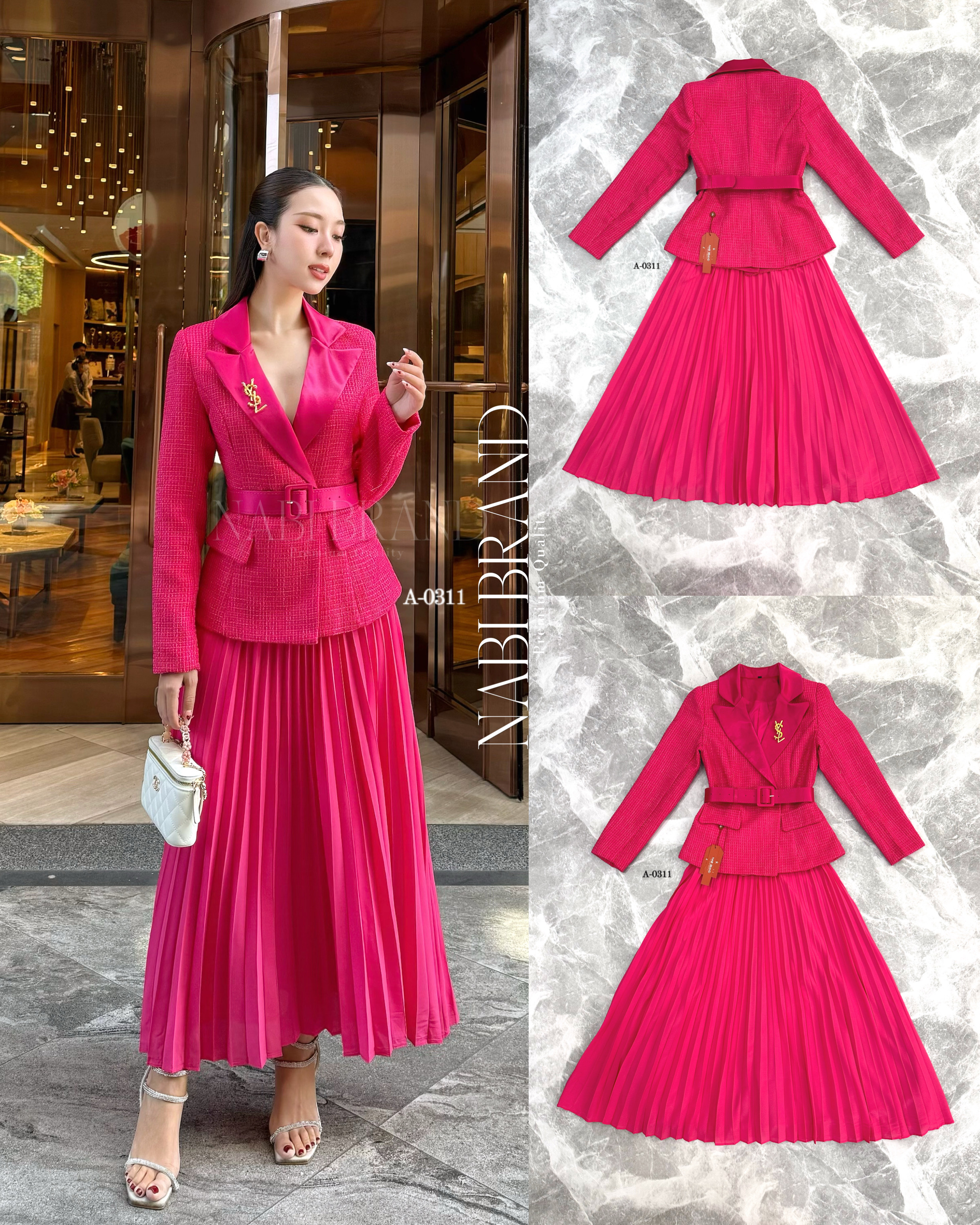 ชุดเซ็ตเสื้อคลุมแขนยาวดีไซน์ชุด สวยหรูดูแพง ปกคอแต่งด้วยผ้าSATINเงา ติดกระเป๋าหลอก2ข้าง มีกระดุมตรงกลาง 2เม็ด มาคู่กับกระโปรงอัดพลีทซิปข้าง มีเข็มกลัดและเข็มขัดมาให้ในเซ็ต ใส่แมทส์กันคือ สวย หรู ดูผู้ดีมาก ดีไซน์มาให้แบบผ้า 2ชนิด เสื้อคลุมใช้ผ้าทวิต กระโป