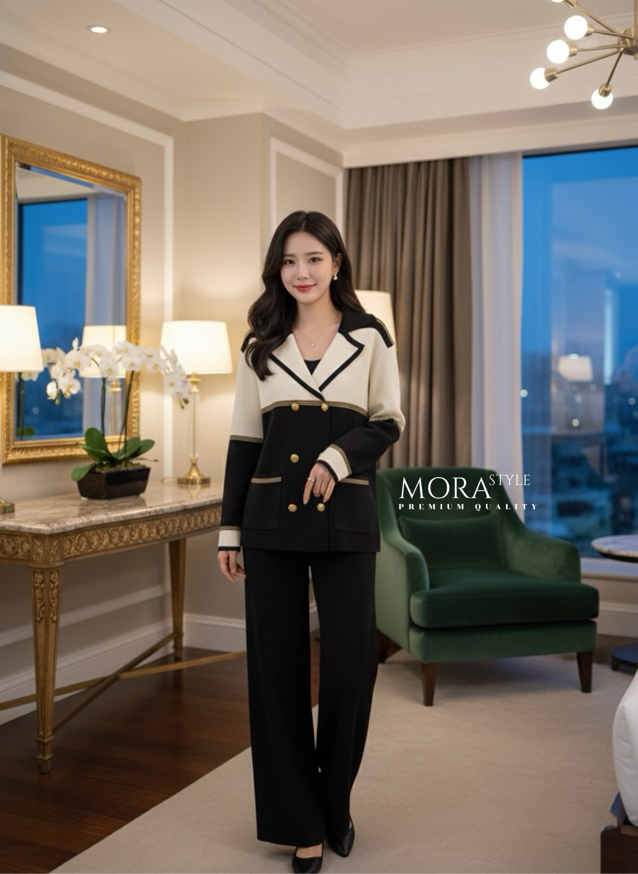 เซ็ตไหมพรม 2 ชิ้น เสื้อแขนยาวทูโทนแต่งกระดุมด้านหน้า มาพร้อมกับกางเกงขายาว ผ้าใส่สบายไม่ร้อน ใส่เที่ยวใส่ออกงานได้ เป็นอีกรุ่นที่ต้องมีติดตู้นะคะ