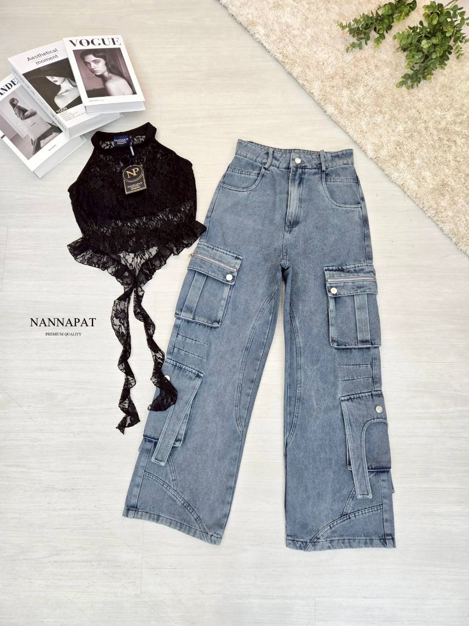 ชุดเซท TAG :: NANNAPAT (NP) 🎗️ CONCEPT :: เสื้อผ้าลูกไม้ยืดหยุ่น +กางเกงคาร์โก้ยีนส์แท้ฟอก