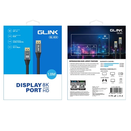 GL-404 Glink Cable DisplayPort V1.4 8K Ultra HD 1.8M Bandwidth 32.4Gbps 32Bit/1536kHz สายคุณภาพสูง SKU-03075