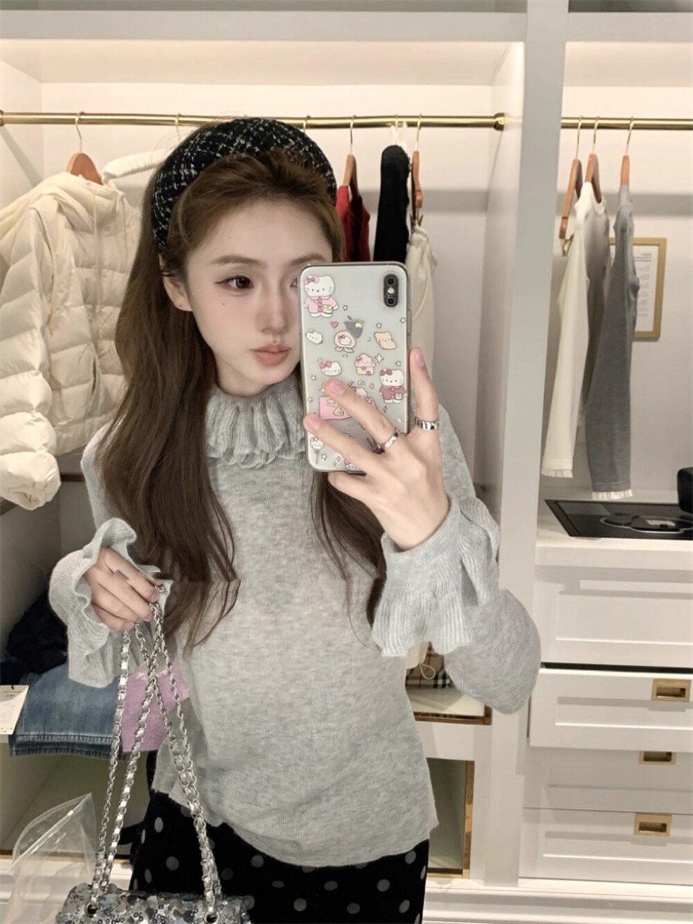 MAYA SHOP 5085# Set 2 pcs เสื้อแขนยาว ลาย polka dot + เดรสแขนกุด คอบัว งานซิปหลัง เนื้อผ้าดี มีซับใน งานสวย