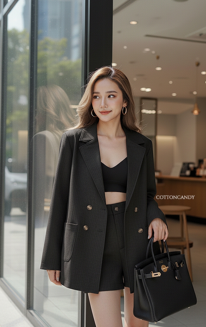 Tag#cottoncandy เซท สไตล์เบลเซอร์ ที่ชิลๆ ผ้าเนื้ดี โทนสีดสวย คุ้มมากๆ มา2ชิ้น พร้อมโบว์ผูกเอว ใส่เป็นเซทหรือจะแยกชิ้นก็ไ