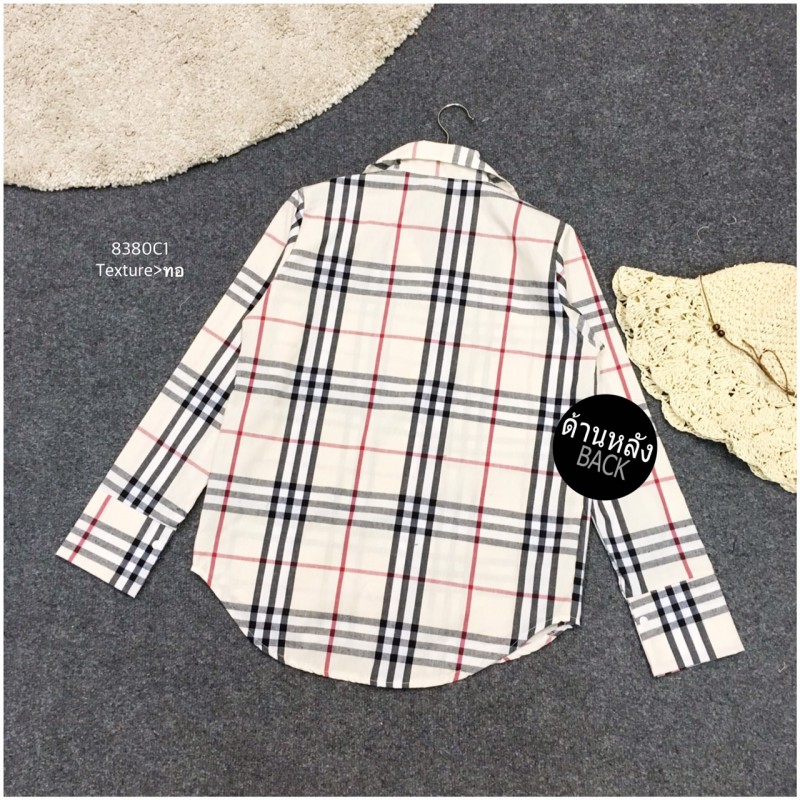 เสื้อเชิ้ตเก๋ๆสุดฮิตลายตารางแบรนด์เนมเบอเบอรี่Burberry-สีครีม