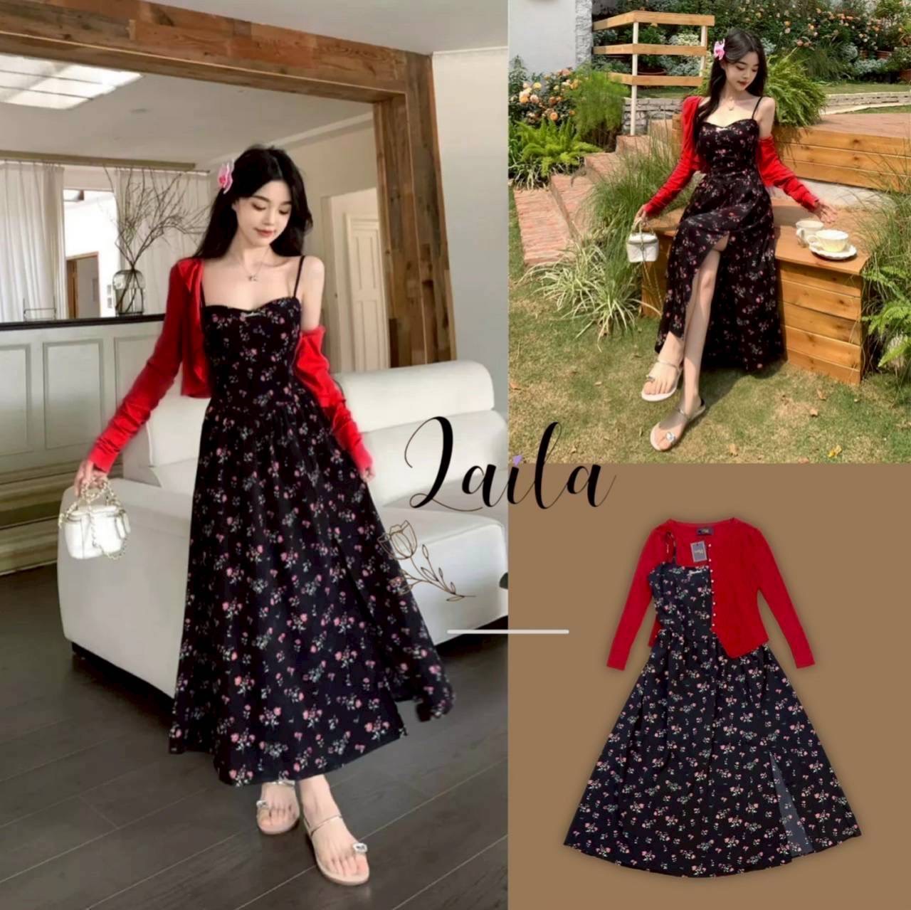 Tag:LAILA Deta:Setเสื้อคลุม+เดรสยาว เดรสยาวทรงสายเดี่ยว งานแต่งทรงช่วงอกตีเกร็ดสวยๆ พิมพ์ลายดอกไม้ทั้งตัวงายสีพรางหุ่นดีมากค่าา แอบเก๋ด้วยการแต่งผ่าหน้าขาสวยสวย