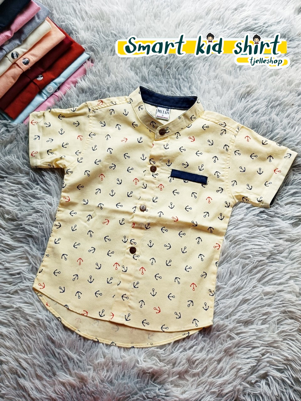 เสื้อเชิ้ตเด็ก แขนสั้น คอจีน สีเหลือง