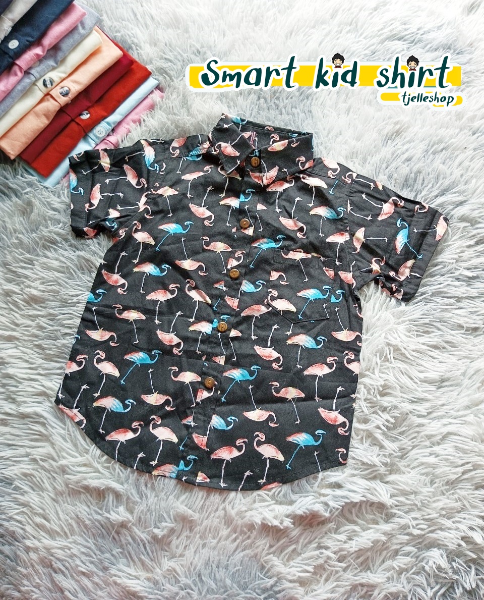 เสื้อเชิ้ตเด็ก แขนสั้น คอปก ลาย flamingo