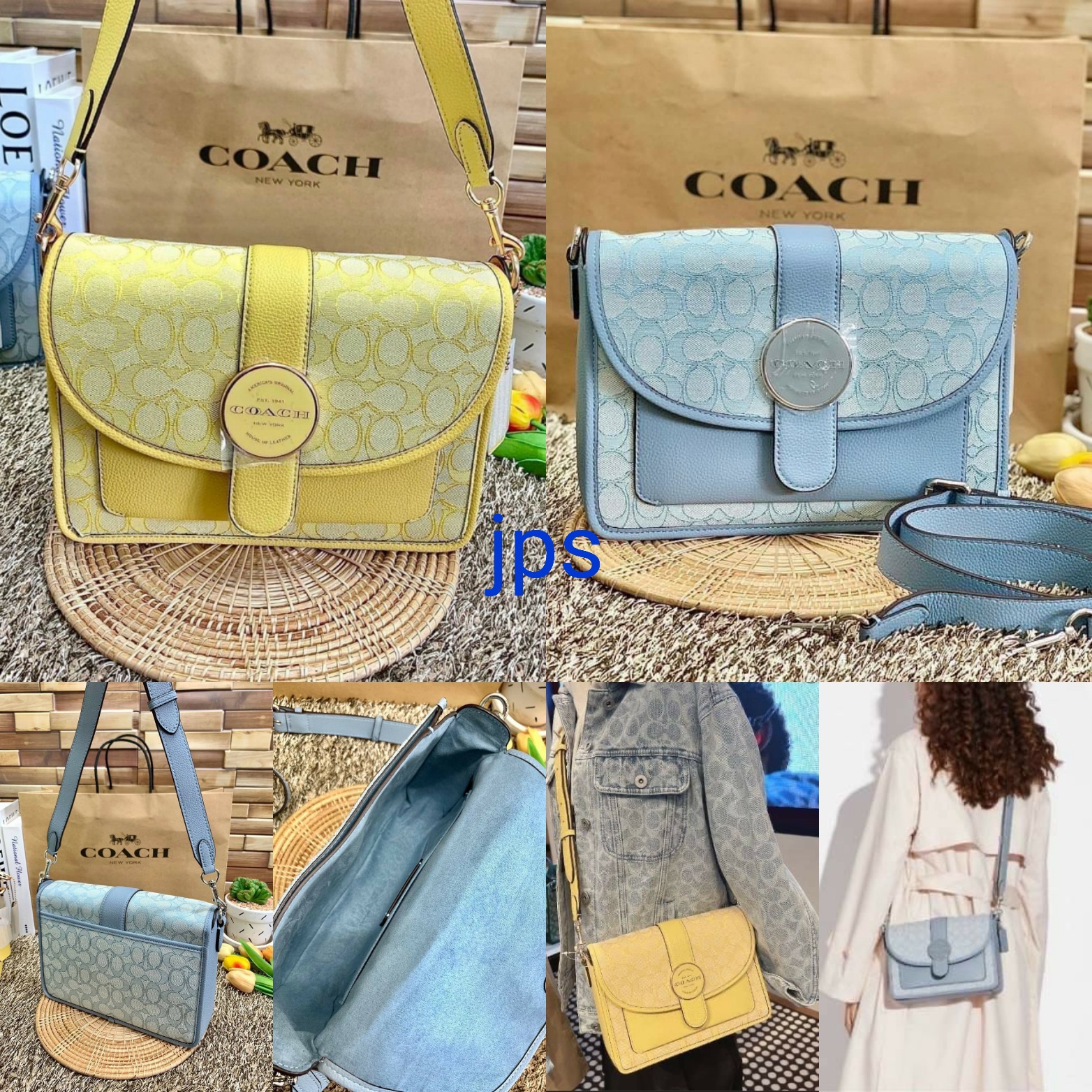กระเป๋าสะพายไฮโซแบรนด์เนมโค้ชหนังแท้ผสมผ้า ขนาด 10 นิ้ว สีเหลือง สีฟ้า COACH LONNIE CROSSBODY IN SIGNATURE JACQUARD ((C8307))