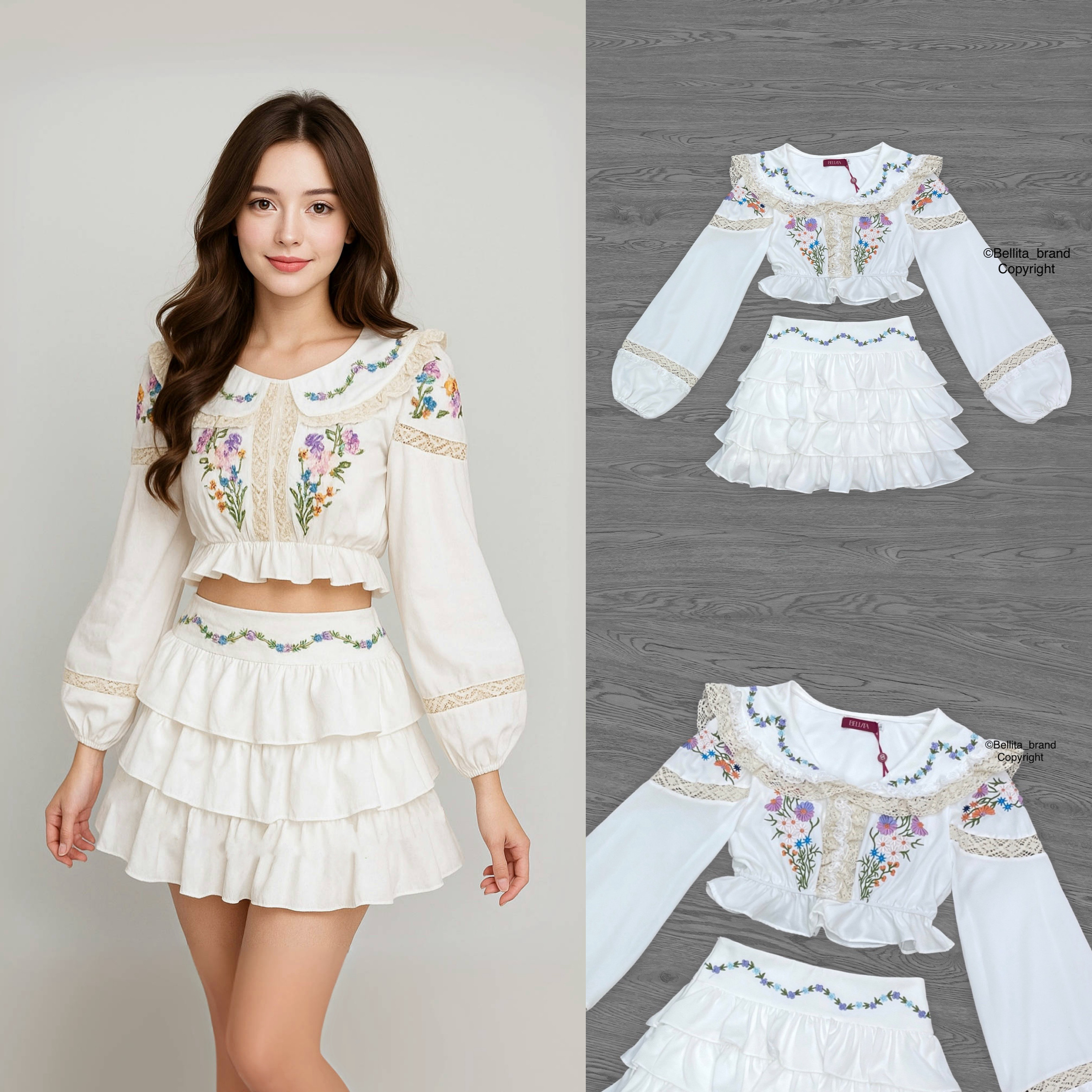 เซ็ท 2 ชิ้น งานปักน่ารักมาก เสื้อครอปแต่งขอบลูกไม้ครีม ปักดอกไม้สวยมาก แขนยาว มากับกระโปรงแต่งระบายชั้นๆ ปักที่ขอบเอวน่ารักสุดๆ