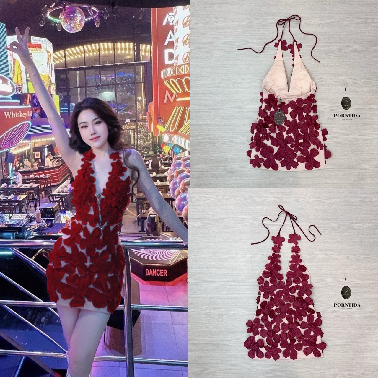 ชุดคล้องคอดอกไม้สีแดง หน้าอกเสริมฟองน้ำเป็นงานซิปหลังเป็นงานผูกคอแต่งด้วย detail ดอกไม้ 3-D ทั้งชุดตัวเดรสเป็นสีครีมรุ่นนี้ สวยเกิน