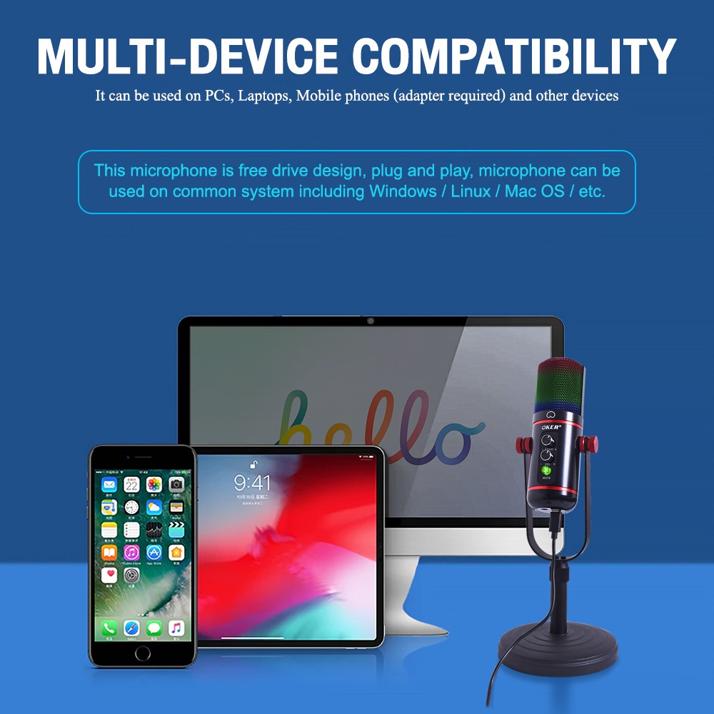 MIC-2022 OKER USB CONDENSER MICROPHONE BLUETOOTH RGB Lighing ลดสัญญาณรบกวน MI-OK-XX-2022B