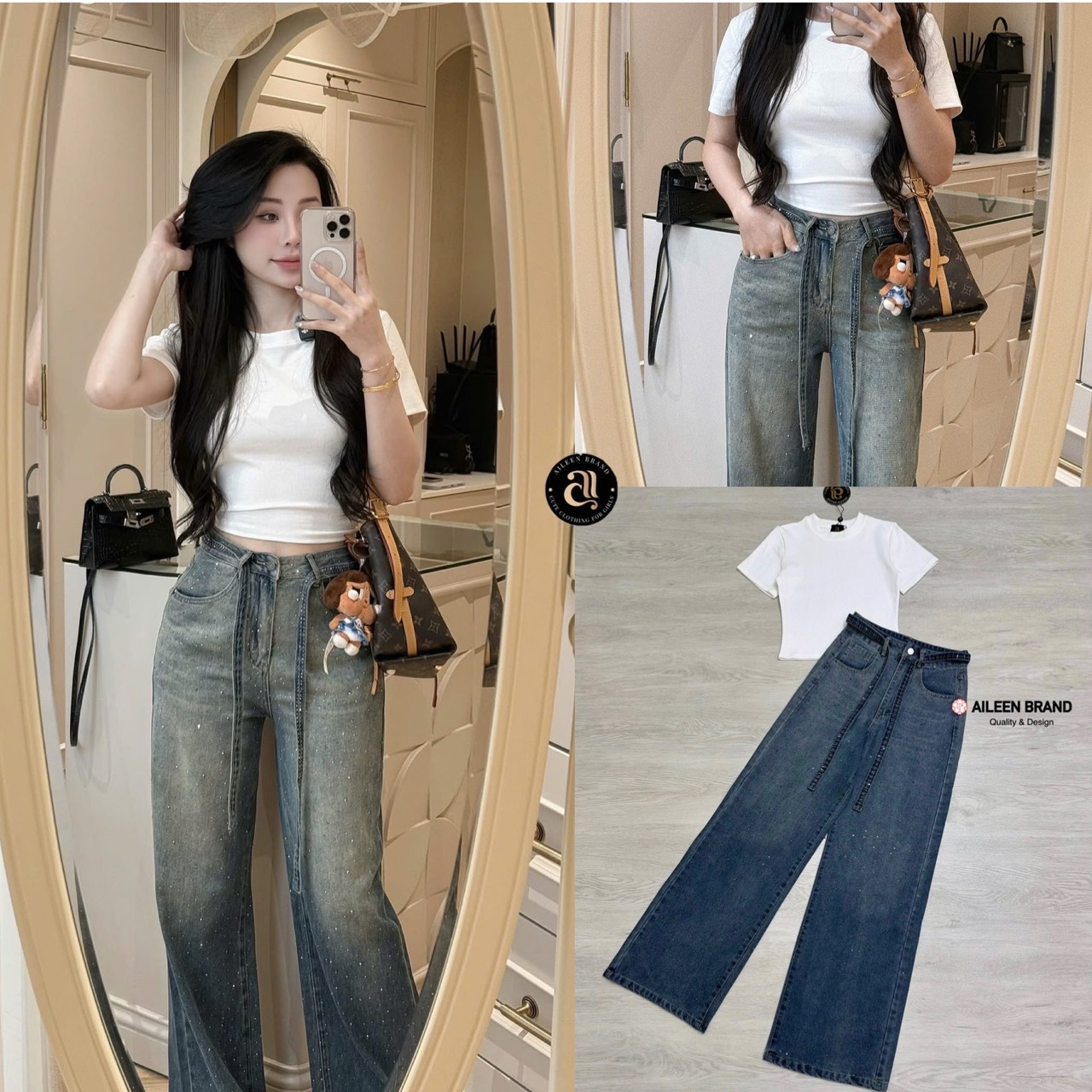 Set 3 ชิ้น เสื้อทรงเบบี้ทรีสีขาวเนื้อผ้านิ่มไม่บางคอกลมแขนกุด ทรงพอดีตัวเอวไม่เต่อ ม่พร้อมกับกางเกงยีนส์เอวสูงสีเข้มฟอกเฟดเป็นลาย กระดุมและซิปด้านหน้ามีกระเป๋าล้วงทั้งสองข้าง ความเก๋คือติดอะไหล่เพชรทั้งตัว วิบวับวิบวับและยังมีเชือกคาดเอวให้อีกเส้น สวยมากๆ