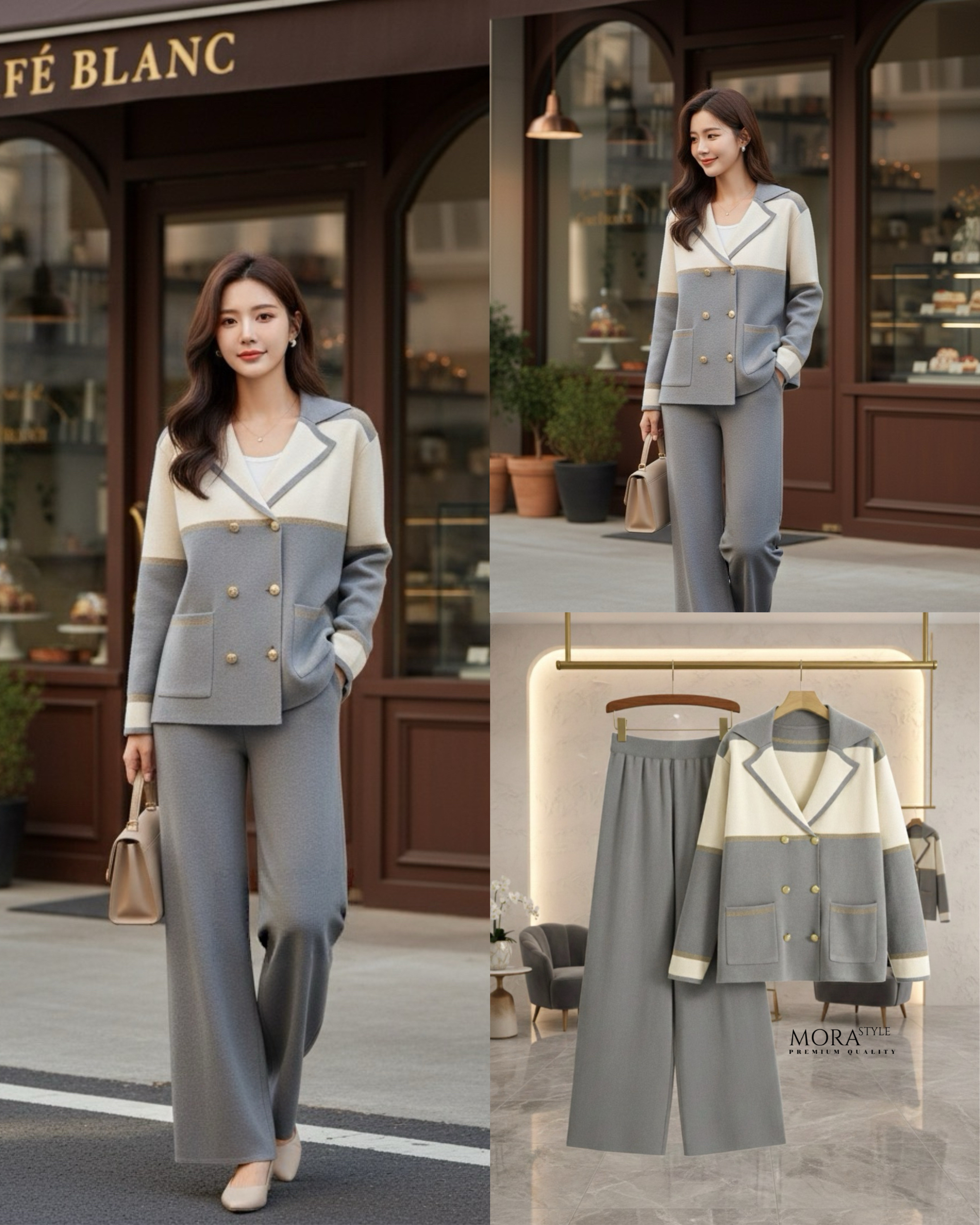 เซ็ตไหมพรม 2 ชิ้น เสื้อแขนยาวทูโทนแต่งกระดุมด้านหน้า มาพร้อมกับกางเกงขายาว ผ้าใส่สบายไม่ร้อน ใส่เที่ยวใส่ออกงานได้ เป็นอีกรุ่นที่ต้องมีติดตู้นะคะ