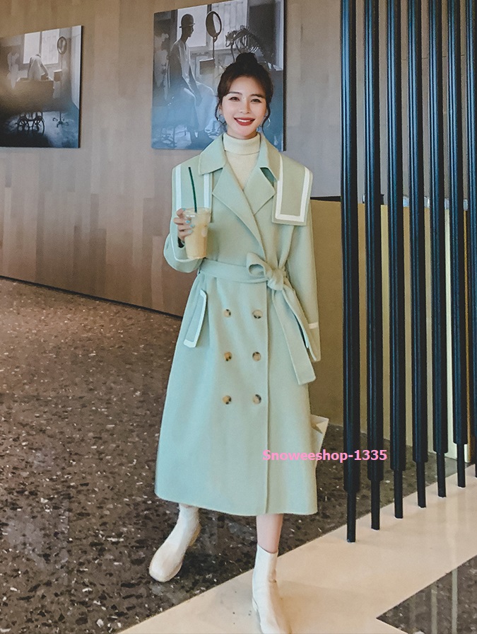 Long Coat high-end เสื้อโค้ทผู้หญิงสไตล์เกาหลีเกรดพรีเมี่ยมสีเขียวพาสเทล แต่งปกใหญ่ไม่ซ้ำแบบใคร ทรงโอเวอร์ไซส์ใส่แบบหลวมๆ พร้อมเชือกเข็มขัดคาดเอว