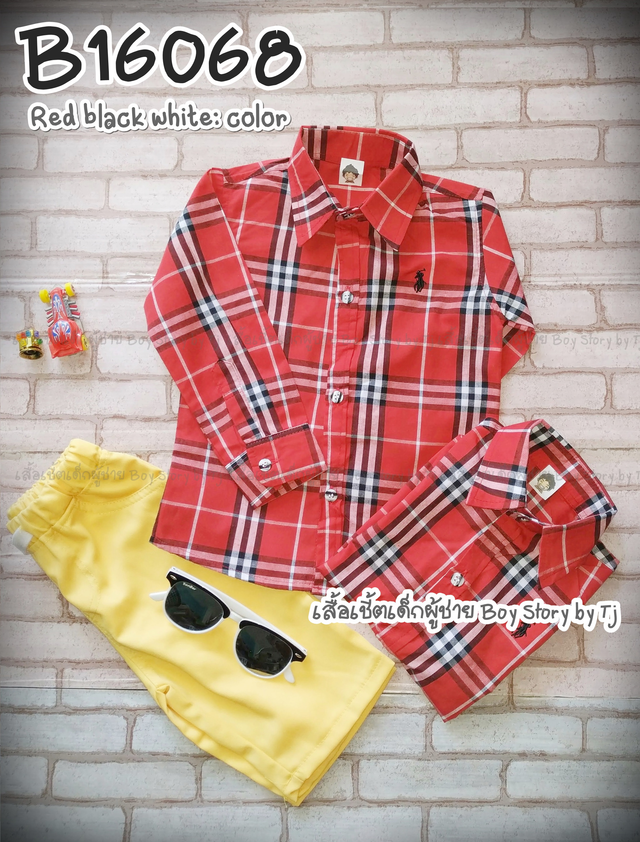 B16068 เสื้อเชิ้ตเด็ก แขนยาวลายสก็อตแดงดำขาว
