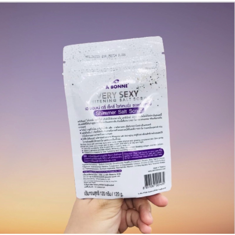 A Bonne Very Sexy Whitening Salt Scrub X10 Gluta 120 g. เอบอนเน่ เวรี่เซ็กซี่ เกลือขัดผิว กลูต้า สครับชิมเมอร์