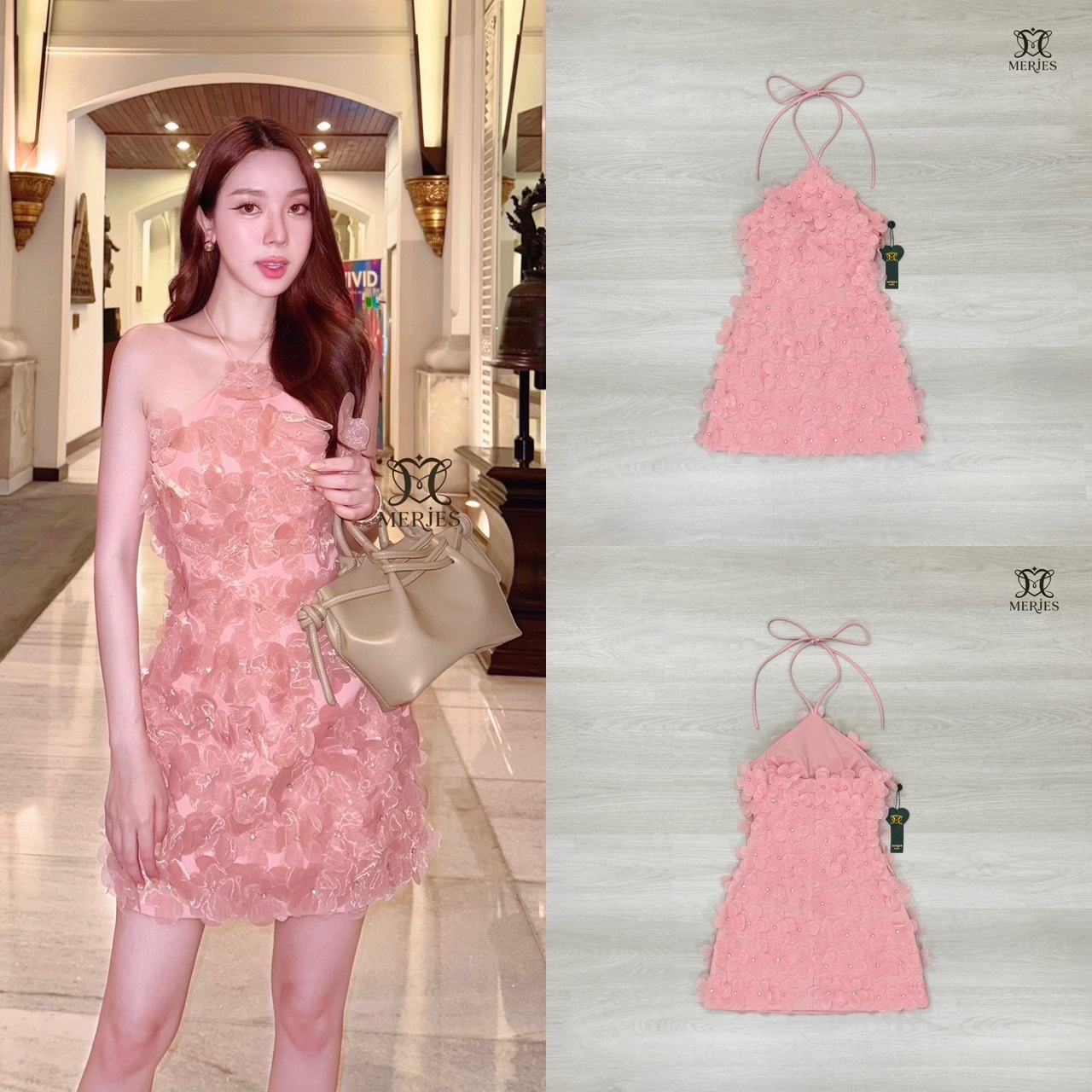 เดรสดอกไม้แต่งเพชรสีชมพูดีเทลงานคล้องคอเชือกผูกด้านหลังงานโชว์หลังแต่งดอกไม้ทรงใหญ่มีเกสรเพชรทั้งชุดสวยเก๋มากๆคะงานทรงเข้ารูปอกมีฟองน้ำเสริมทรงสวยมาก มีความเซ็กซี่สวยเก๋บอกเลยว่าไม่เก็บชุดนี้เสียดายแย่เลยคะ รุ่นฮอตขายดีมากคะ