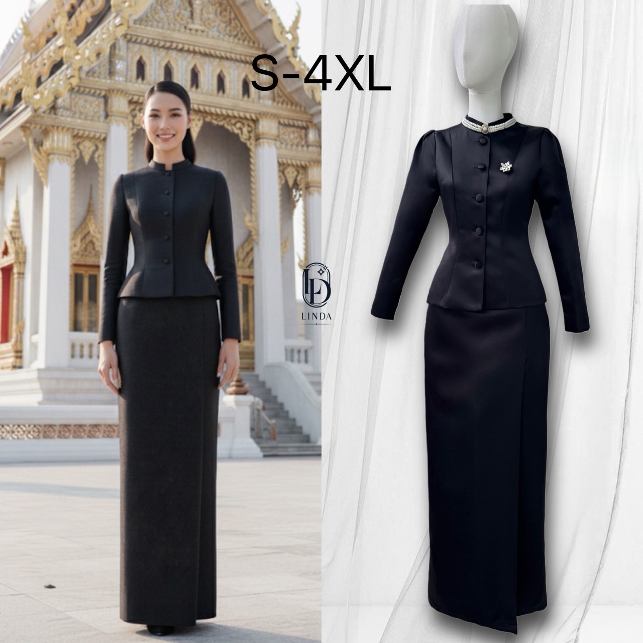 ชุดไทยจิตรลดาคอตั้งแขนยาวบ่าเสริมฟองน้ำยกไหล่กระดุมปั้มเรียงเม็ดตัวชุดเข้าเอวแต่ไม่แน่นทรงสวยมาพร้อมผ้าถุงป้ายหน้าใช้ผ้าเยอะเผื่อให้ใส่เดินนั่งได้สะดวกเพราะตรงที่ป้ายเผื่อผ้าให้เยอะไม่มีผ่าหลังใส่ได้สุภาพเนื้อผ้าไหมอิตาลี