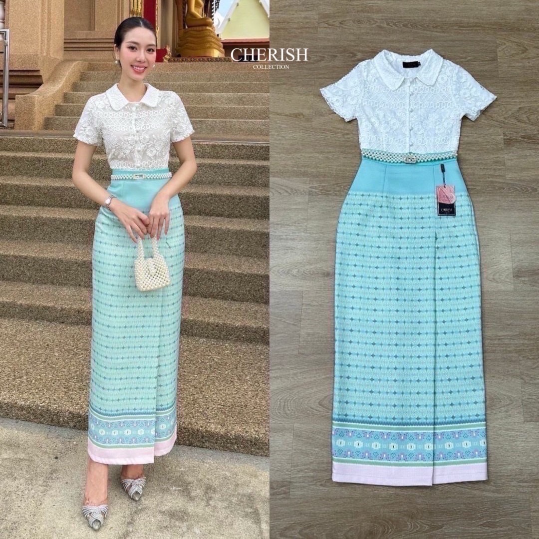 บุญบวช ขึ้นบ้านใหม่ ไปวัดหรือไปวา สาวๆห้ามพลาดชุดไทย สวยเก๋ไม่ซ้ำใคร ตัวเสื้อลูกไม้คอปกสุดน่ารักตกแต่งกระดุมหน้าพร้อมซับในทั้งตัว ตัวกระโปรงเป็นผ้าถุงมีเทคเจอร์พิมพ์ลายไทยพับจีบหน้าผ่าหลังใส่สะดวกสบายแถมเข็มขัดให้อย่างดีเลยเจ้าค่า จะออกจะเข้าพรรษา งานบุญง