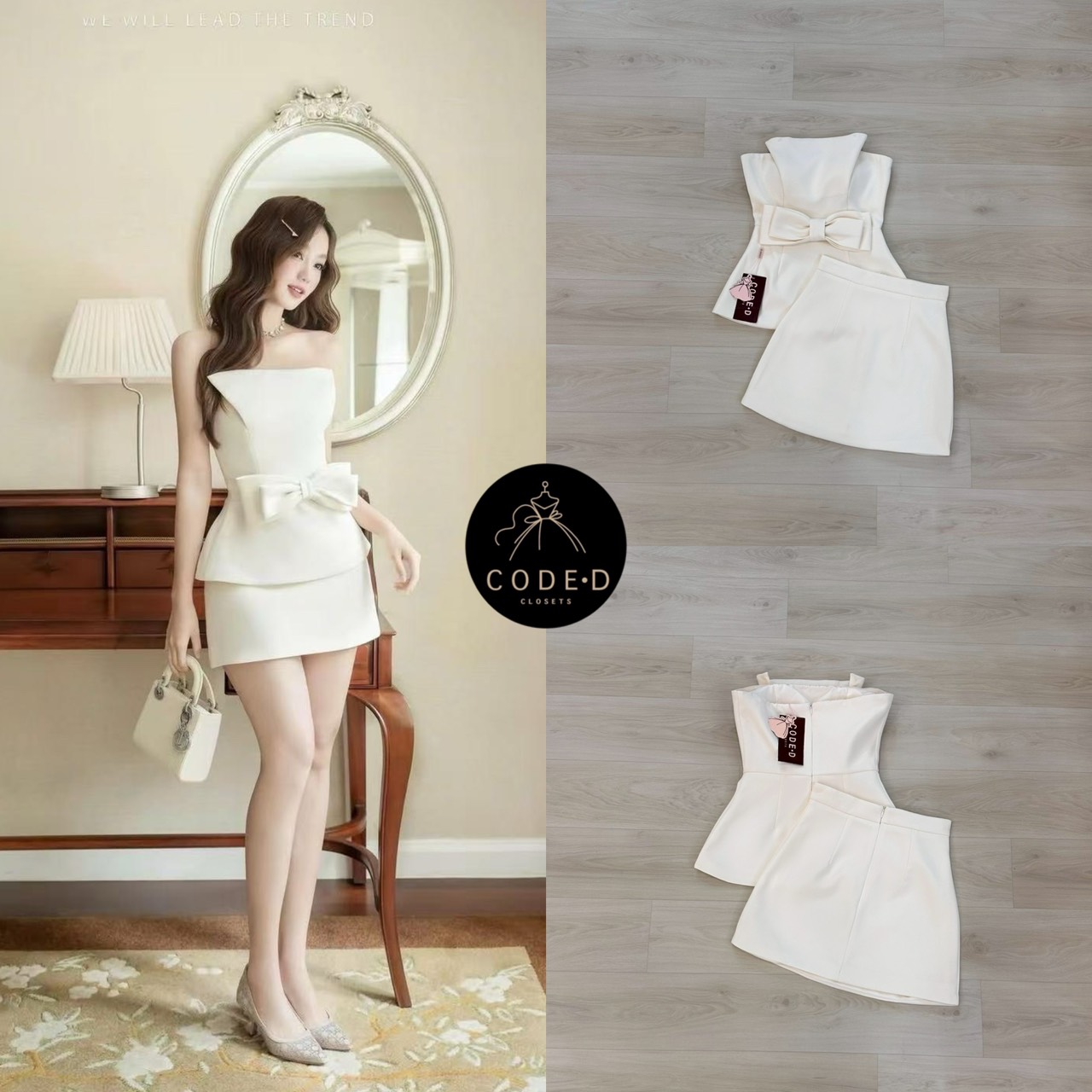 Set 2 ชิ้น สีครีมเสื้อเกาะอกด้านหน้าจับจีบสูงช่วงกลางช่วงเอวเย็บติดโบว์ใหญ่ ชายแต่งบาน ( อกเสริมฟองน้ำและซิปหลังซ่อนอย่างดี ) มาพร้อมกับกระโปรงสั้น มีซิปด้านหลัง เนื้อผ้าดีมีซับในทั้งตัว สวยแซ่บมากๆค่ะ