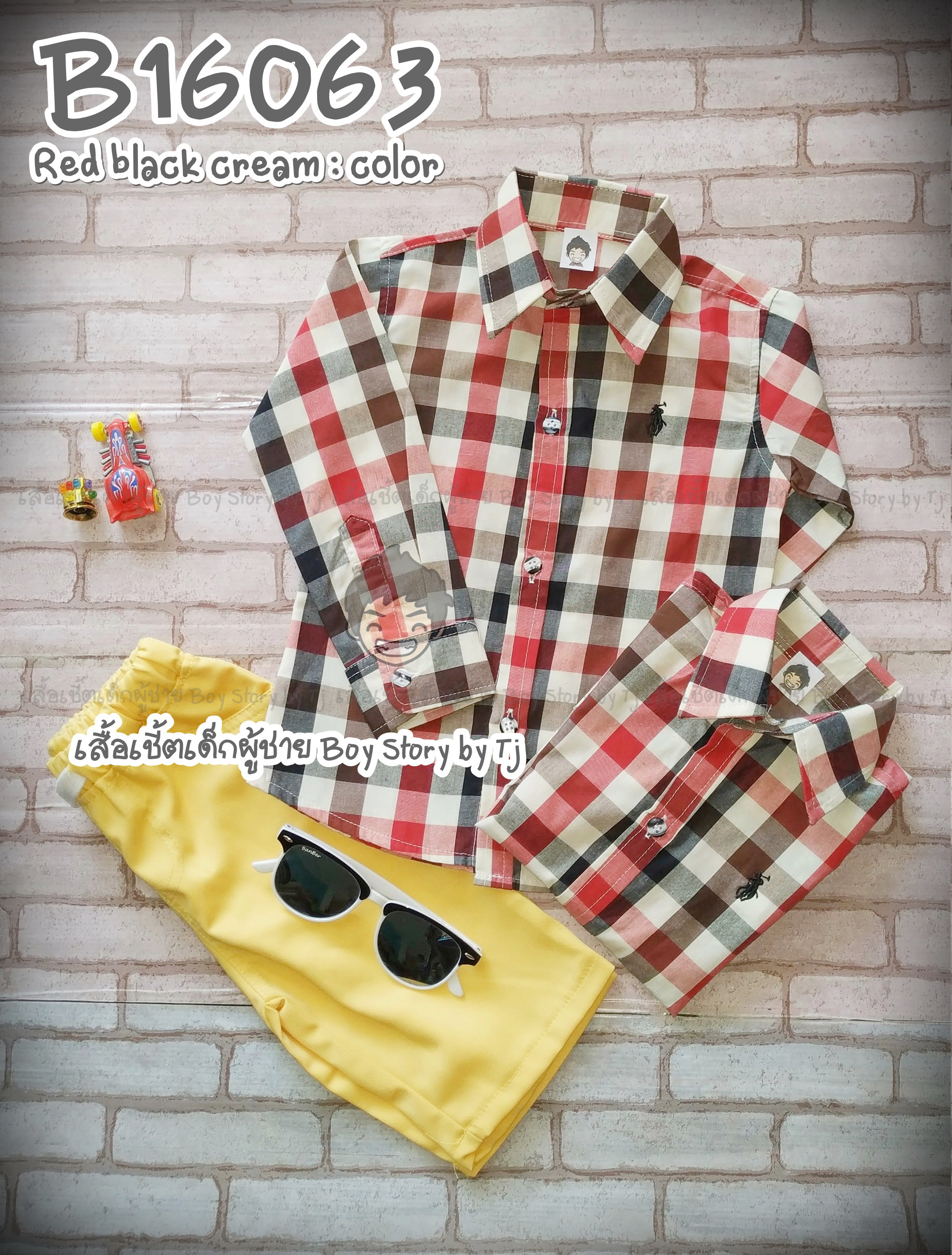 B16063 เสื้อเชิ้ตเด็ก แขนยาวลายสก็อตแดงดำครีม