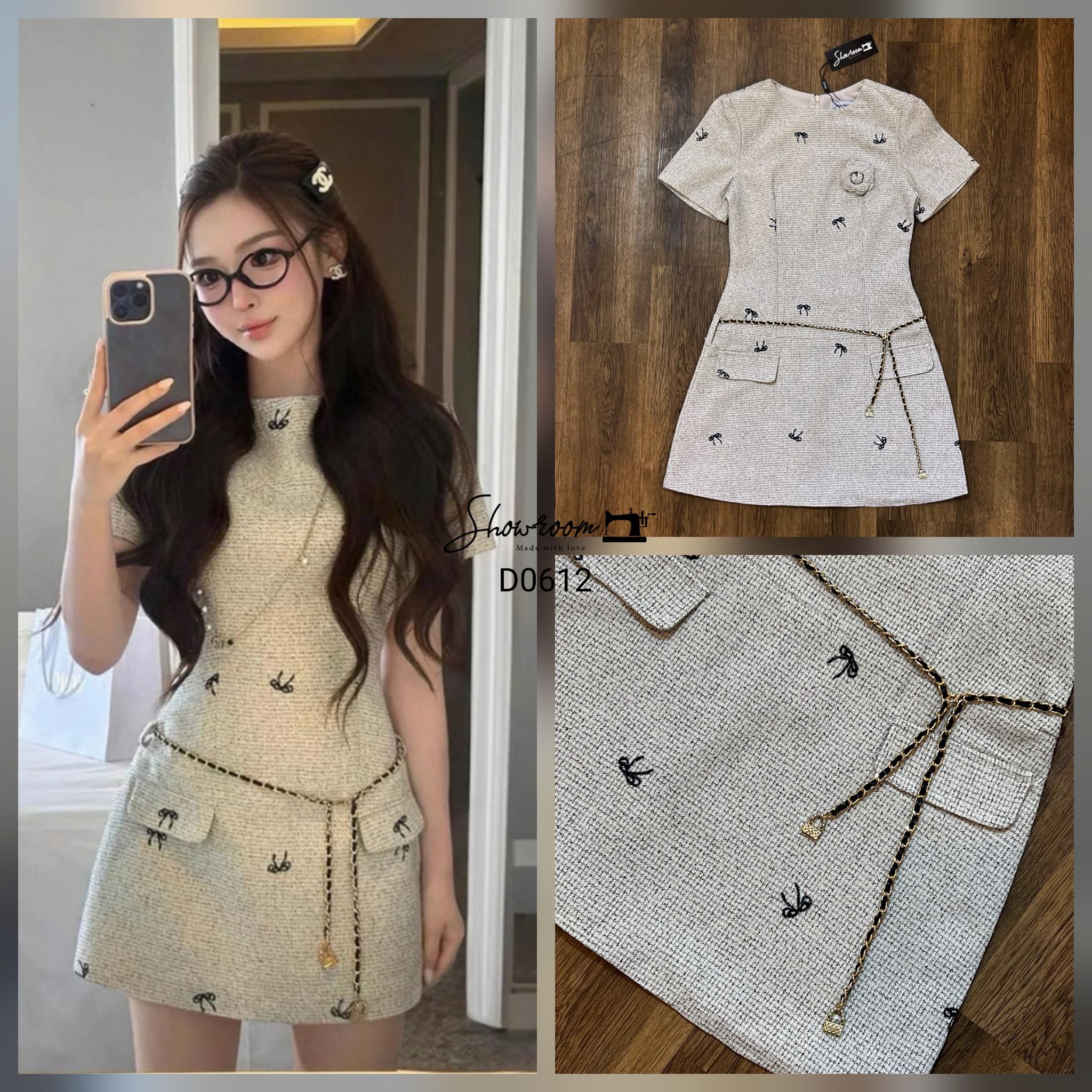 เดรสดีไซน์เรียบเก๋ซ่อนความน่ารักต้องยกให้รุ่นนี้ค่ะ มาพร้อม chain belt 1เส้น ใช้ผ้าอย่างดีในการตัดเย็บ บุซับ ทรงสวย ตัวผ้ามี texture ในตัว ปักลายโบว์สีดำ เล่นดีเทลแต่งฝากระเป๋าด้านหน้า ผ้าใส่สบายนะคะ คอมพลีทลุคครบจบในชุดเดียวค่ะ #showroombrand #งานป้ายsho