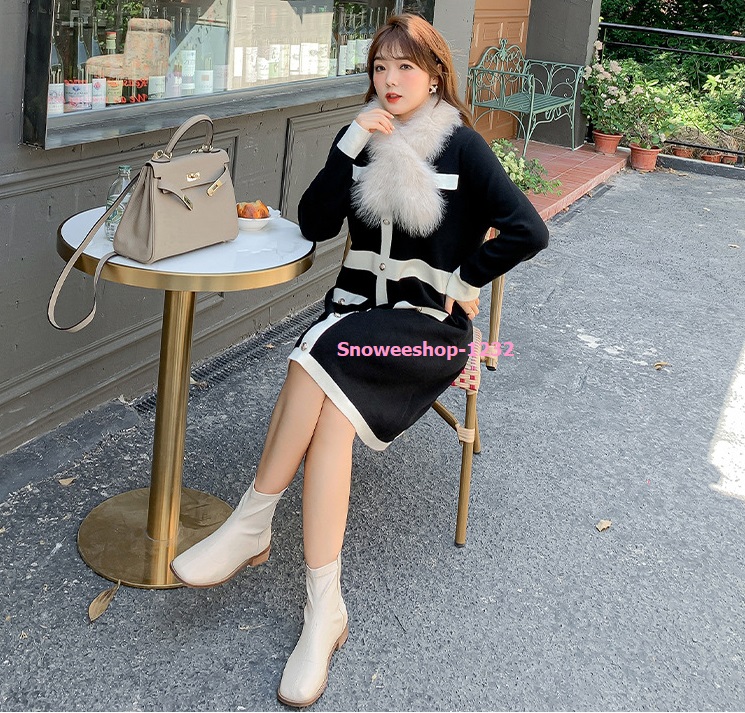 เดรสคนอ้วน เดรสไหมพรมบิ๊กไซส์ เดรสสาวอวบแขนยาว เดรสคนอ้วนสไตส์เกาหลีใส่ทำงาน ใส่เที่ยว ผ้านิ่มมาก ไม่คัน แต่งขาวสลับสีดำ กระดุมคู่หน้า ไม่อ้วนก็ใส่ได้แบบหลวมๆ อกขยายได้อีก