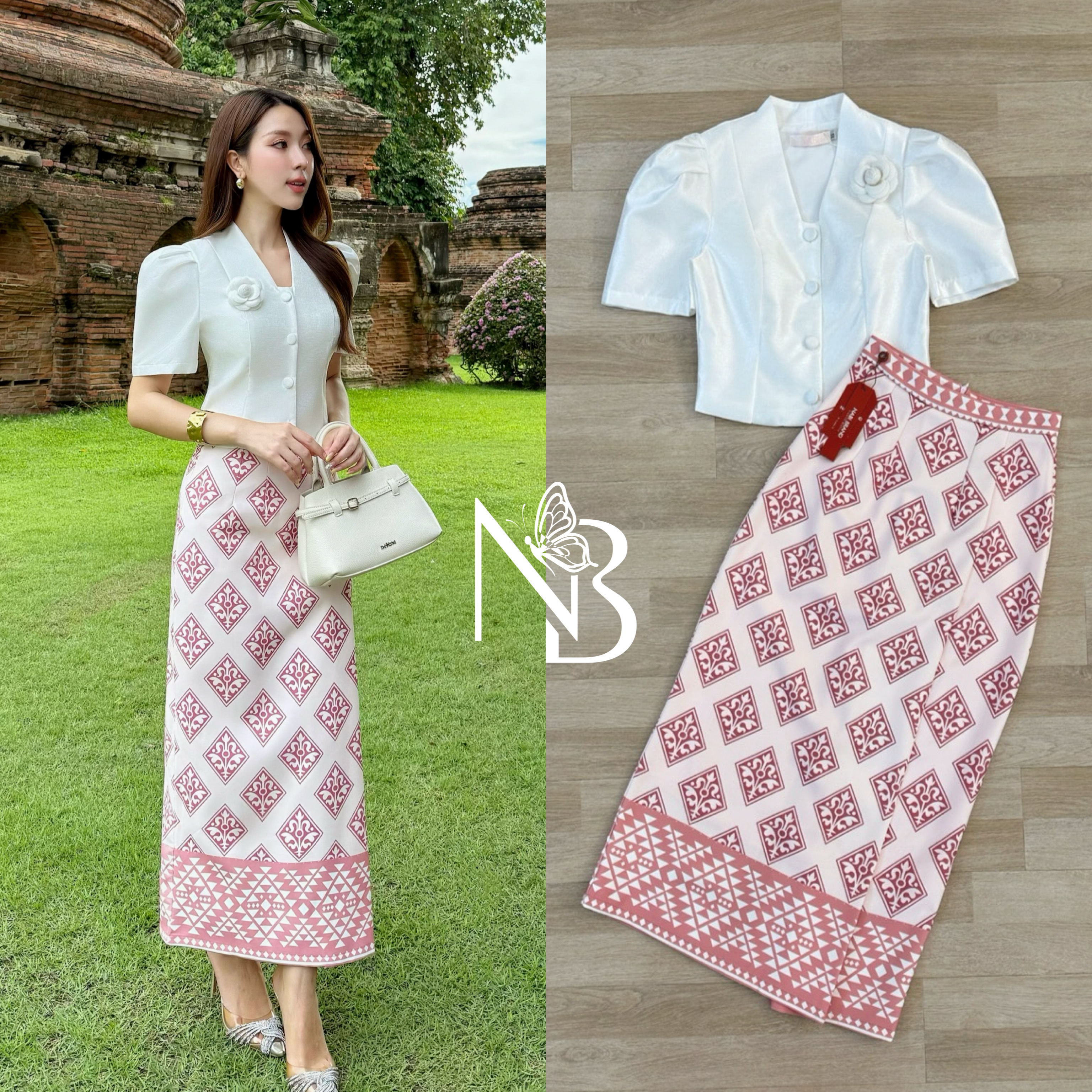 Label :: #NABIBRAND Code :: B-50045 Detail :: ชุดเซ็ต 3ชิ้น เสื้อแขนสั้นแต่งด้วยกระดุมด้านหน้าทรงคอวีสีขาวบริสุทธิ์ ผ้าเงาสวยหรูอยู่ทรง มีฟองน้ำ ซับใน มาคู่กับกระโปรงพิมพ์ลายสีชมพู ผ้าอัดกาว ใส่ซับในมาให้เรียบร้อย เป็นงานซิปหลัง แถมเข็มกลัดดอกไม้ เมื่อนำม