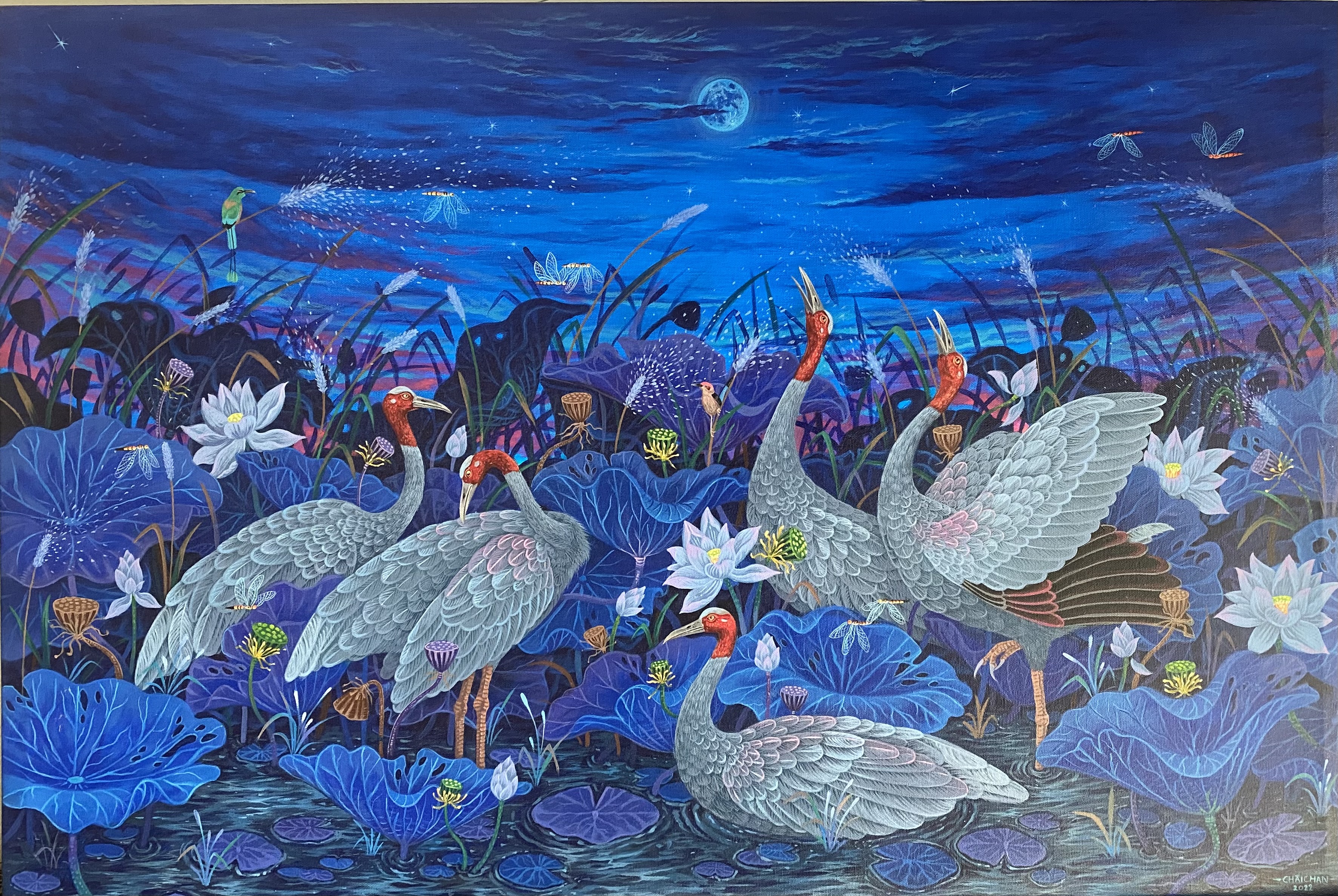 ฝูงกระเรียนยามค่ำคืน (oil painting on canvas)