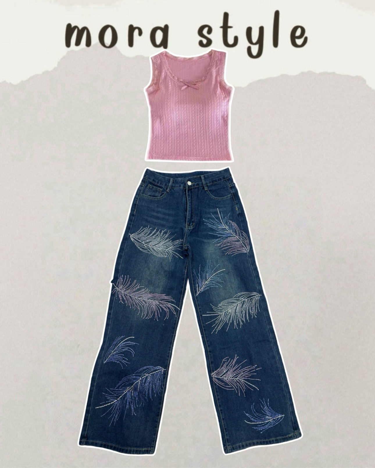 Set 2 ชิ้น กางเกงยีนส์เอวสูงทรงกระบอกแต่งคริสตัลรูปขนนก ทั้งตัวรีดแน่น หลุดยาก งานไฮเอนด์สไตล์งานแบรนด์ ผ้ายีนส์แท้ไม่ยืด ไม่หนาเกินไปไม่แข็งไม่บางใส่สบาย