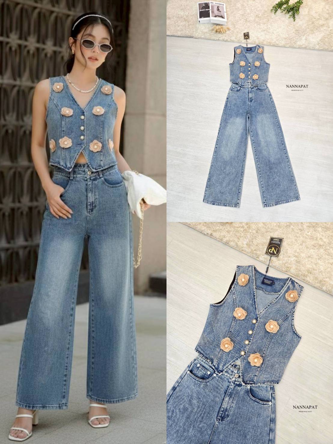 เซ็ทนี้สวยทั้งเสื้อ ทั้งกางเกง ผ้ายีนส์คือที่สุดแล้วค่าา ต้องได้สัมผัสแล้วจะรู้ ชอบความแต่งดอกไม้ของเสื้อ ทำให้ดูมีอะไรมากขึ้น ดูลัคชูมากขึ้น ตัวดอกไม้ถอดได้นะคะ แล้วดูทรงกางเกง คือสวยมาก สวยตาแตก ใส่ไปไหน ใครก็ต้องเหลียว สาวสายยีนส์ ไม่ได้ชุดนี้คือพลาดมา