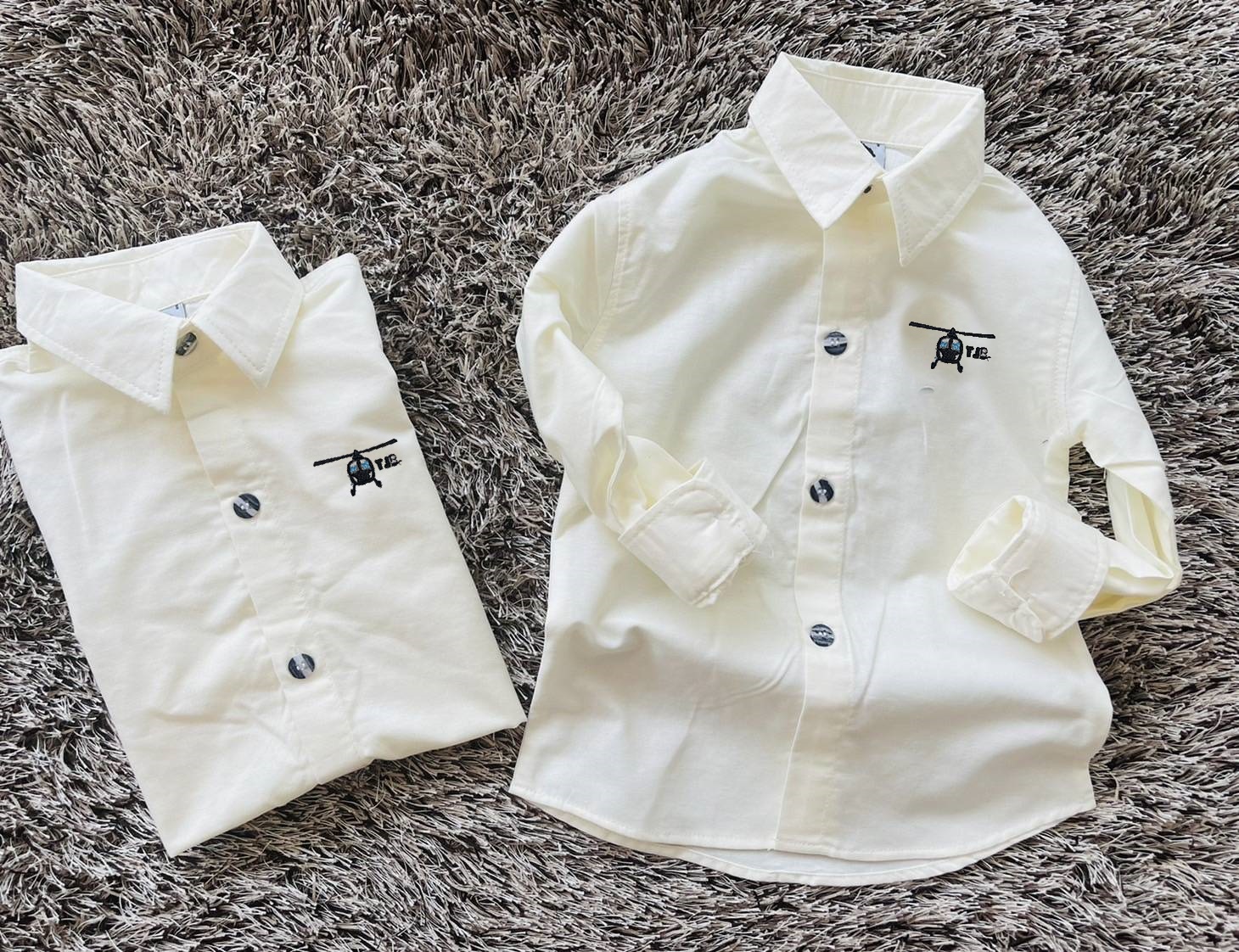HC เสื้อเชิ้ตเด็ก แขนยาว ปักคอปเตอร์ สีครีม 8 เดือน - 8 ขวบ