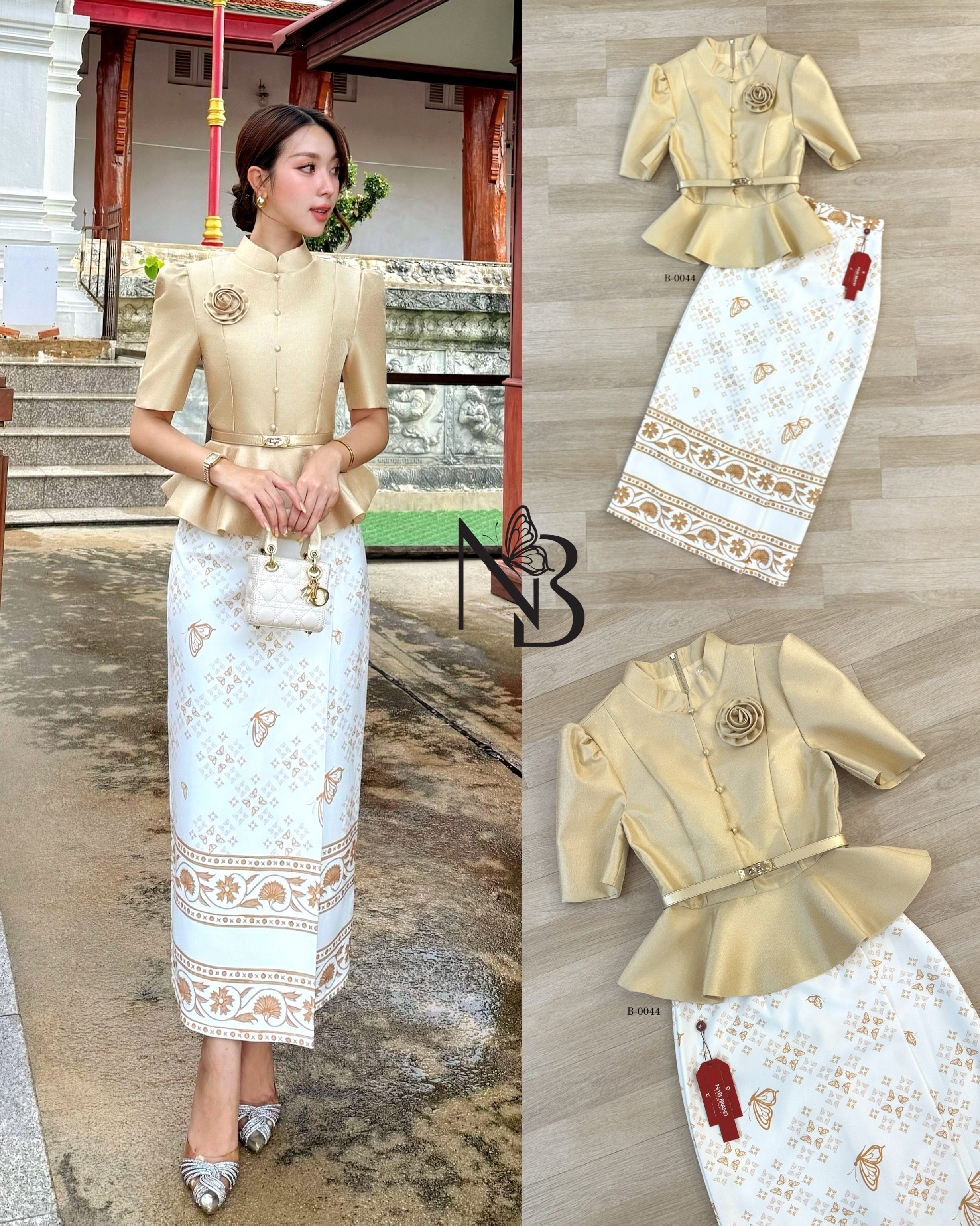 ชุดเซ็ตเสื้อแขนสั้น คอจีน ดีไซน์แต่งกระดุมด้านหน้า งานซิปหลัง ผ้าเงาสวยหรูอยู่ทรง มีฟองน้ำ ซับใน มาคู่กับกระโปรงพิมพ์ลายผีเสื้อ ผ้านุ่มงานอัดกาว ทำให้อยู่ทรง มีซับในอย่างดีงานซิปหลัง สวมใส่ง่าย ใส่แมทช์กับเสื้อและเข็ม คือสวย ดูสง่าผู้ดี สามารถใส่ออกงาน ใส