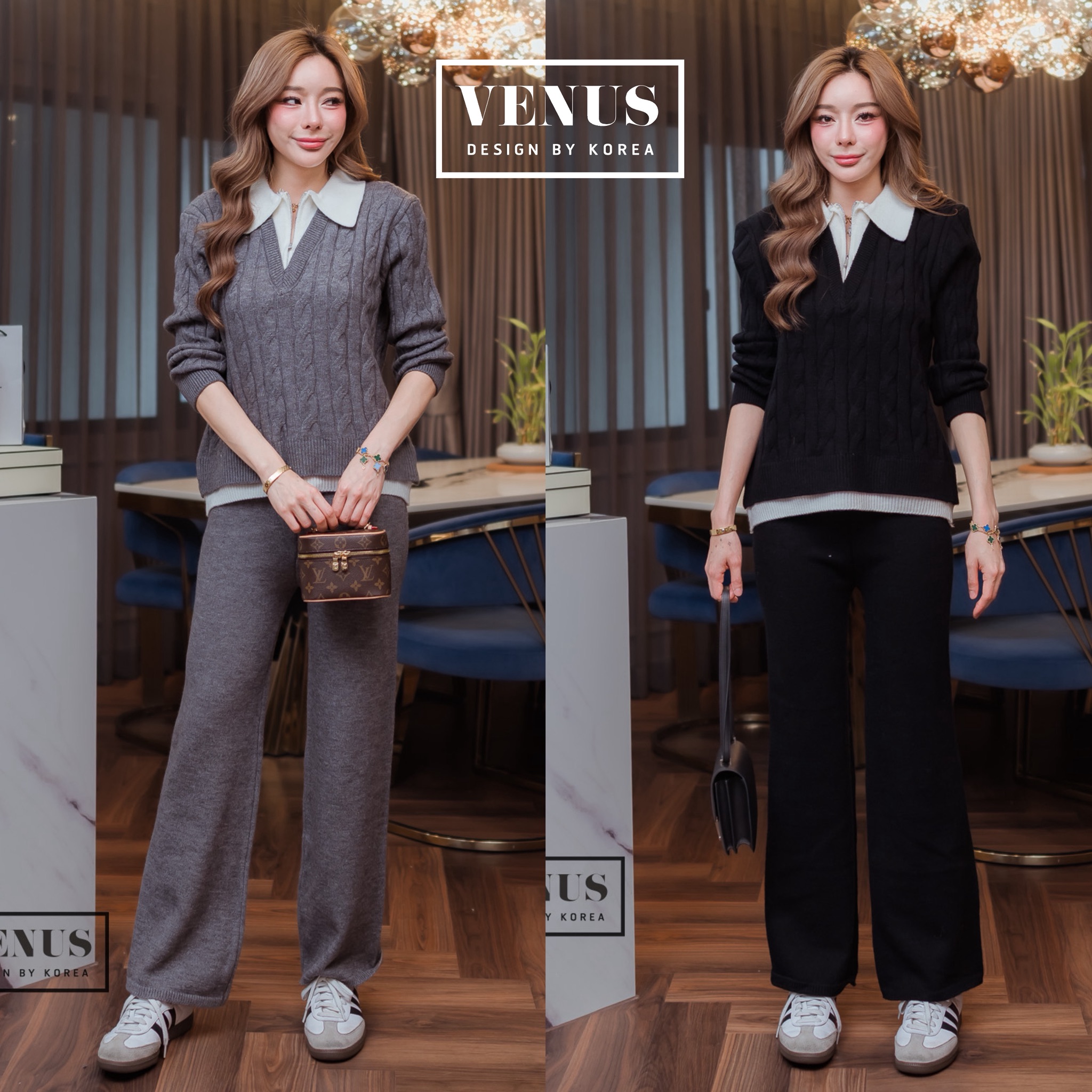 Knitting Set ชุดเซตผ้าทอ ตัวเสื้อเป็นคอปก แต่งซิปด้านหน้า แต่งสลับสีขาว งานมาพร้อมกับกางเกงเข้าชุดกันนะคะ แม๊ทกับรองเท้าผ้าใบก็น่ารักคะ