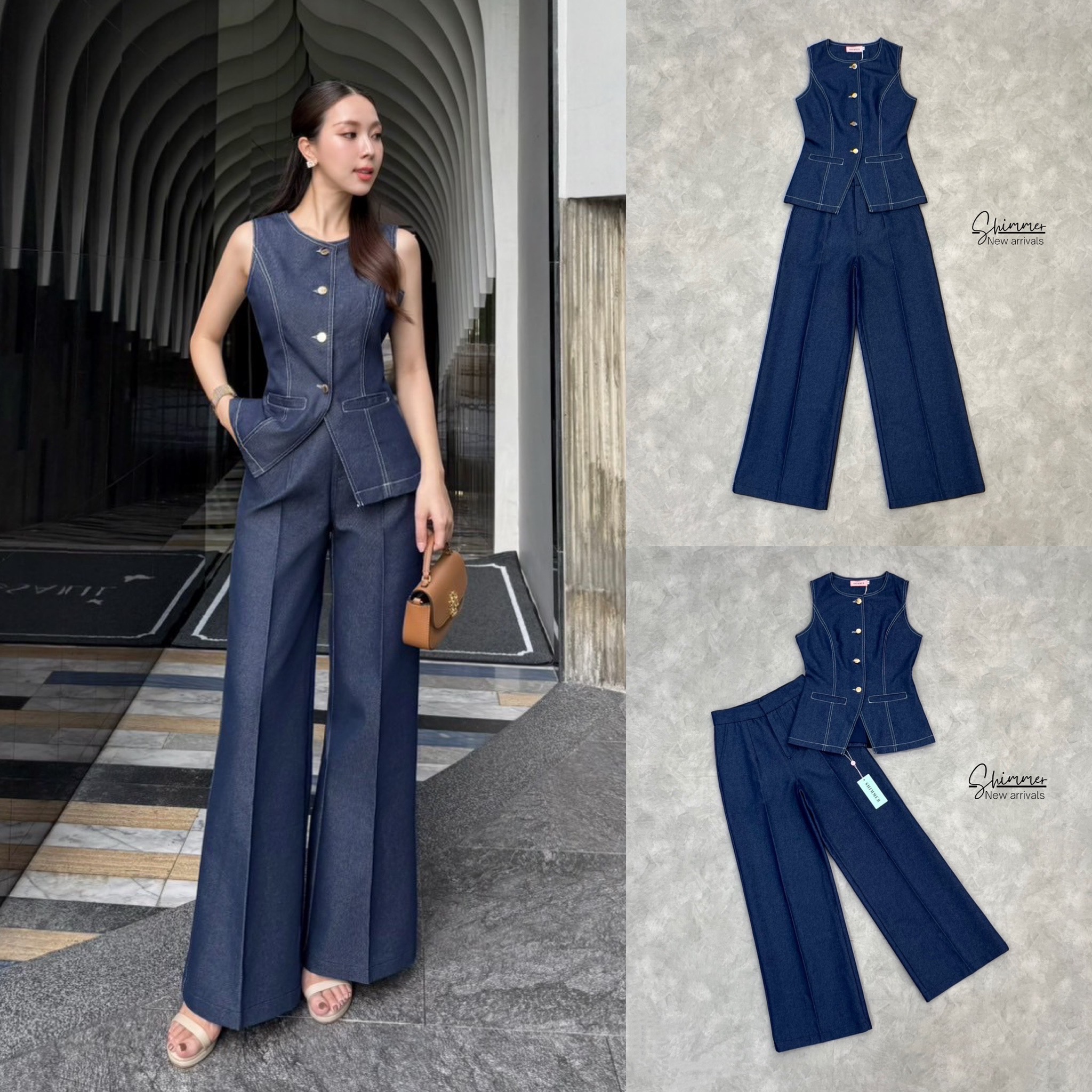 S H i M M E R @ SET เสื้อคอกลมงานกระดุมหน้าเนื้อผ้าเดนิม +กางเกงขากระบอกซิปหน้า