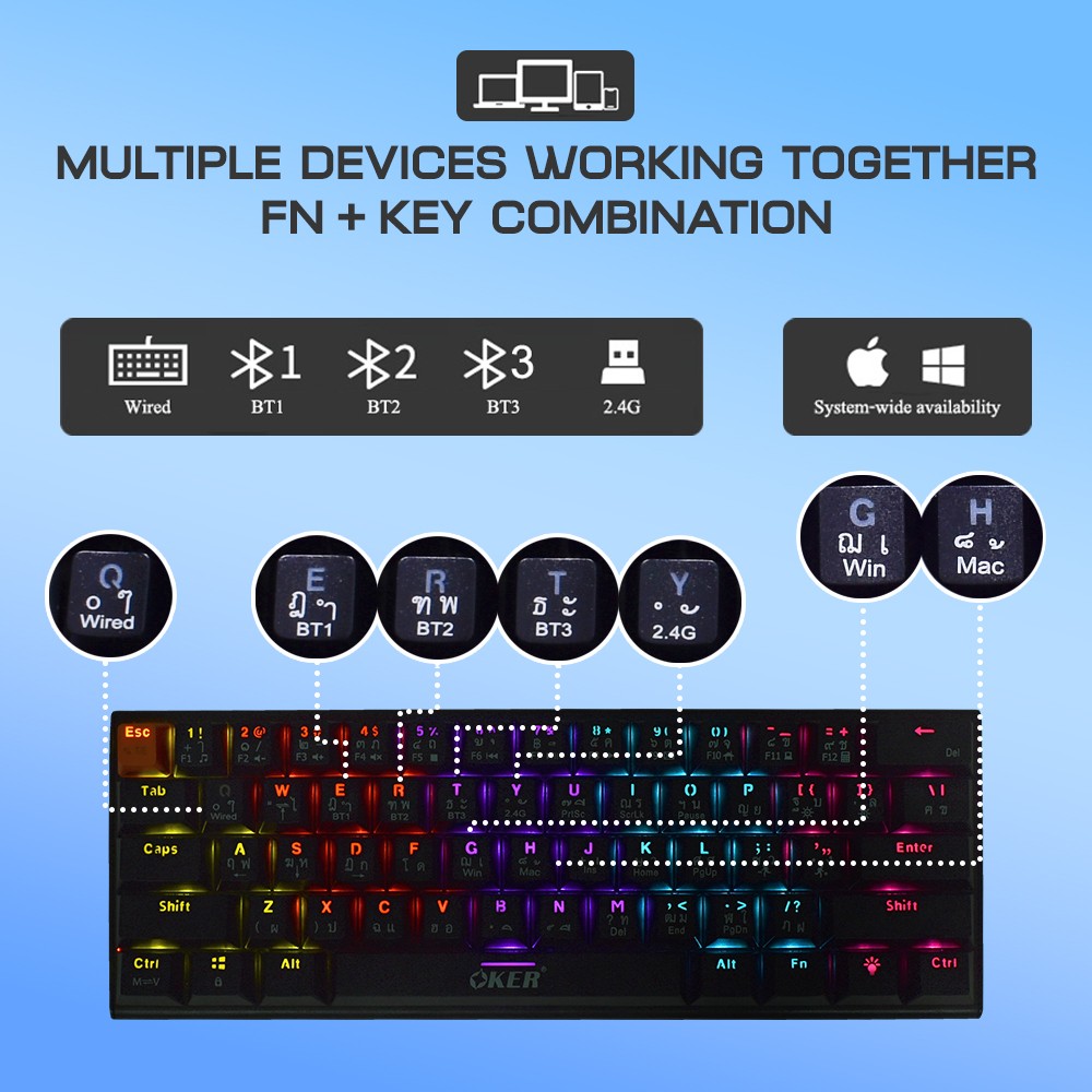 K69 OKER 3 MODES MECHANICAL KEYBOARD OKER K69(BT5.2+2.4G+TYPE-C)ไฟ LED SKU-02782