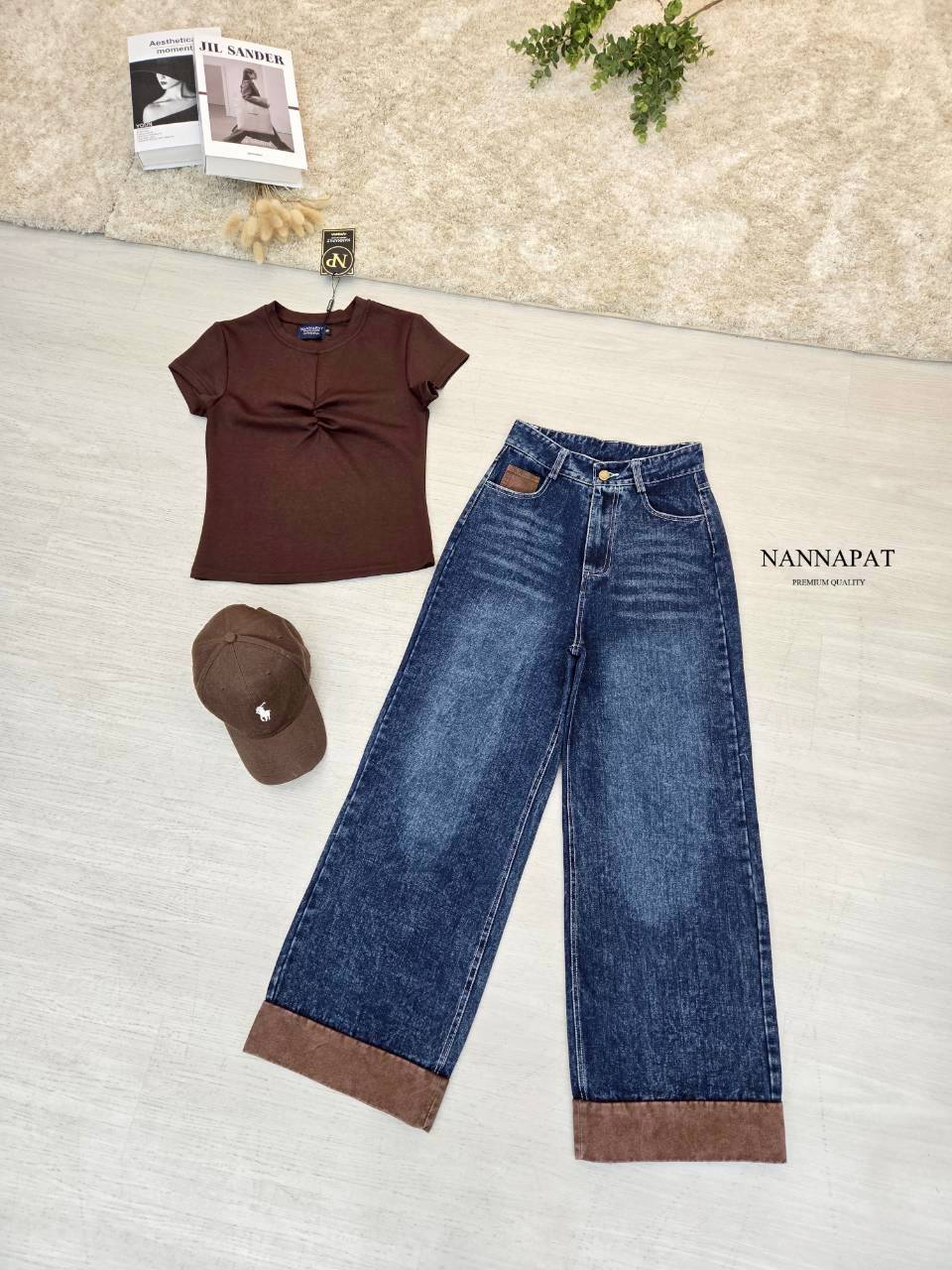 🎗 TAG :: NANNAPAT (NP) เซท 3 ชิ้น เสื้อผ้ายืดนุ่มมา + กับกางเกงยีนส์แท้ฟอก เอวสับ +หมวก