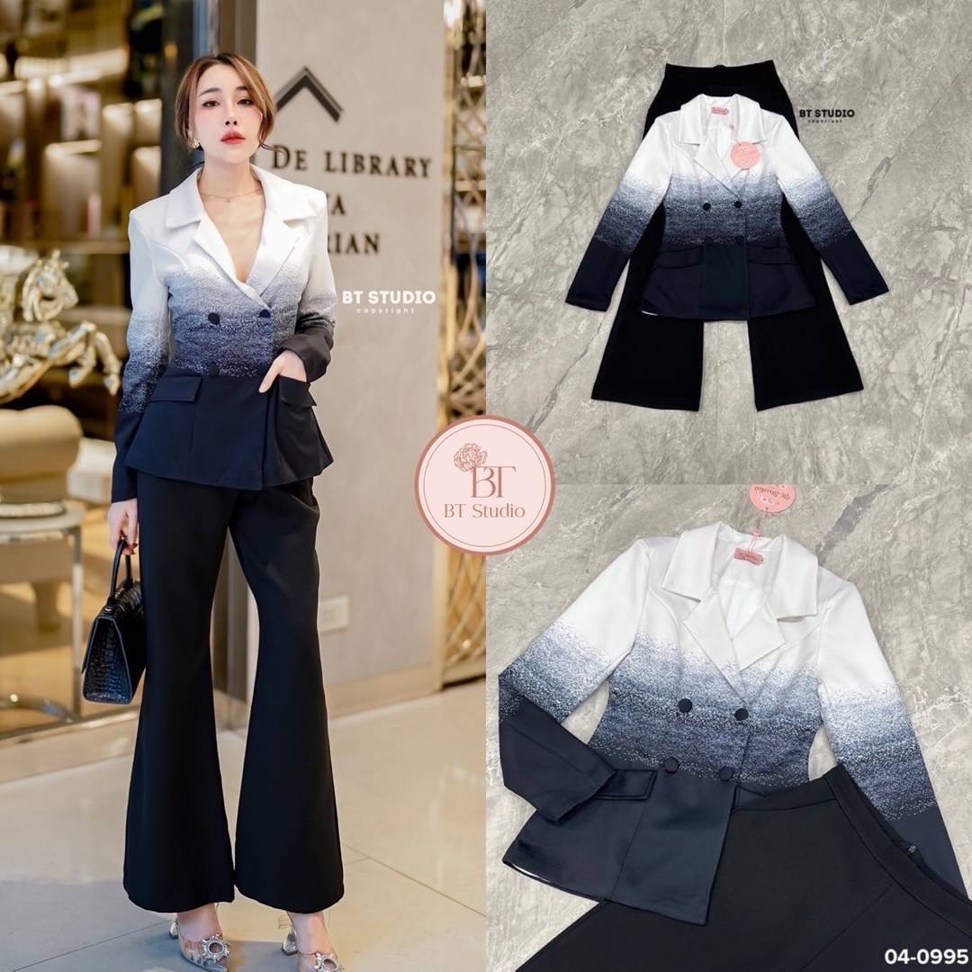 เซท 3 ชิ้น เสื้อเบเซอร์แขนยาวคอปกแต่งไล่สีจากสีพื้นไปอีกสี แต่งกระดุม 4 เม็ด แมทซ์กับกางเกงขายาวกระเป๋าใช้งานได้จริง งานสวยเนื้อผ้าดี มีซับใน