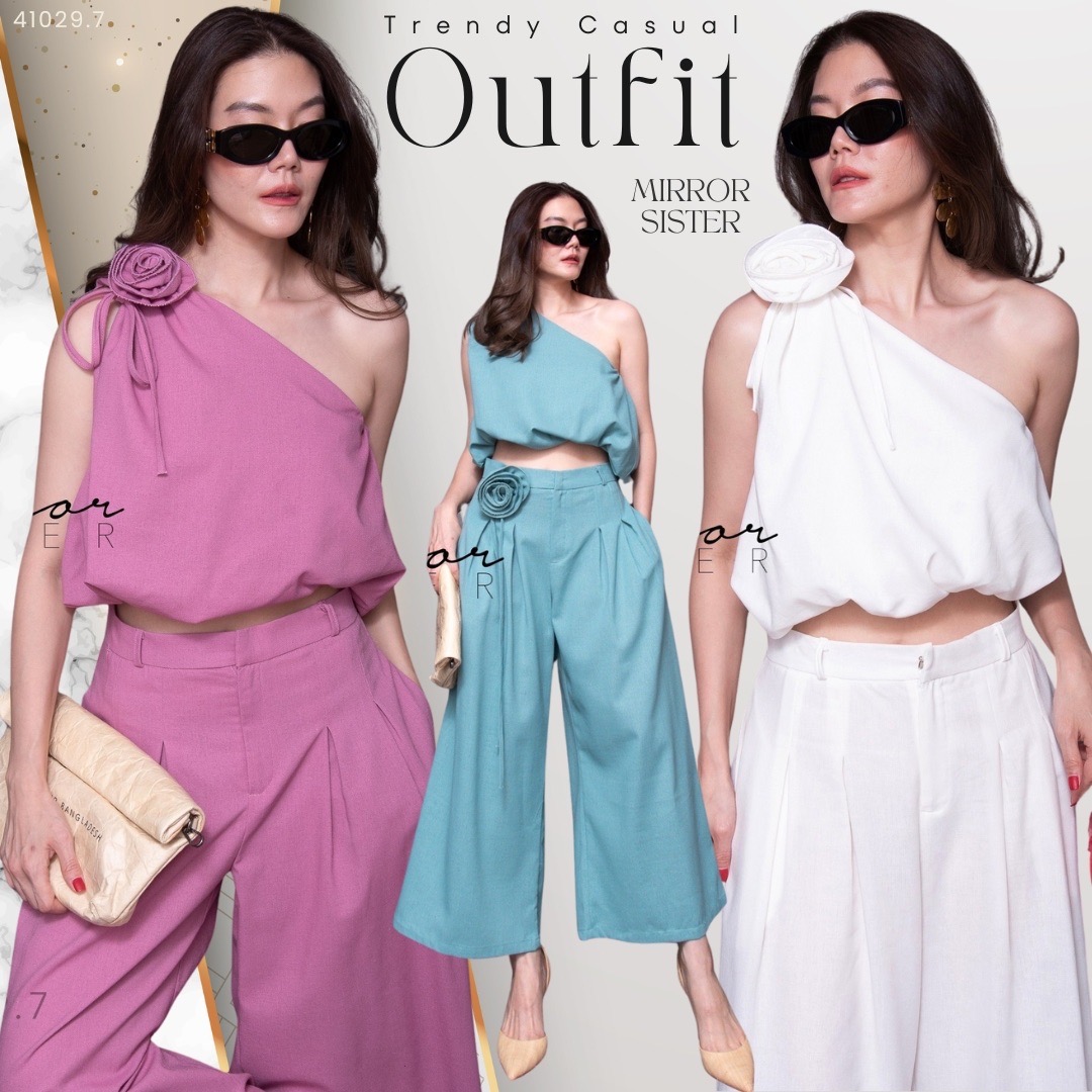 MiRRoRSiSTER's LaGuNa SET•• เซ็ทสุดเก๋…เสื้อแขนกุดไหล่เดียว ดีเทลน่ารักเอวจั๊มพ์ทรงบอลลูน แมชคู่กับกางเกงขากระบอกทรงชิวๆสบายๆ มีกระเป๋าล้วงได้2ข้างลำตัว มาพร้อมสายดอกไม้สามารถนำมาตกแต่งได้สารพัดทั้ง ผูกเอว ผูกคอได้หมด!! เนื้อผ้าลินินผสม ใส่สบาย ใครใส