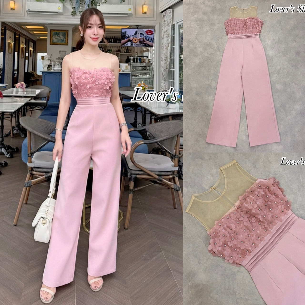 Teg : Lover’s Shop Detail : จั้มสูทกางเกงขายาว ยกดอกไม้มาให้ทั้งทุ้งเลยค้า เป็นจั้มสูทที่ได้ทั้งลุคหวานและเปรี้ยวลงตัวสุดๆ ดีเทลช่วงอกแต่งดอกไม้3D แต่งด้วยเกสรเพชร เป็นงานเย็บนะคะ ไม่หลุดง่าย ช่วงบ่าใช้ผ้ามุ้งซีทรู เวลาใส่คล้ายเกาะอก เอวตีเกล็ดมาให้