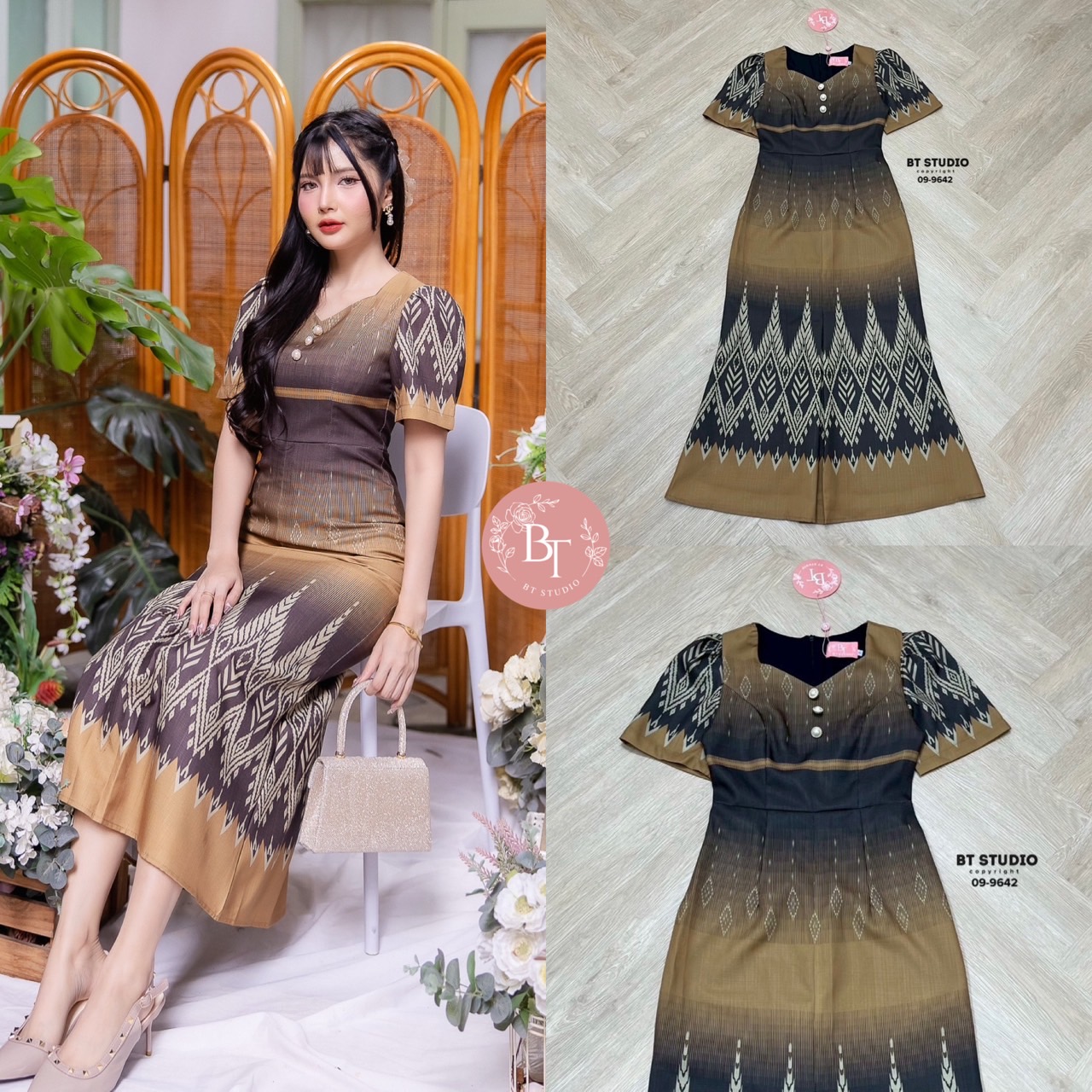 เดรสยาวผ้าไทยดีเทลแต่งคอเว้าเล็กน้อย แขนสั้น แต่งกระดุมมุก 3 เม็ดเรียงกัน ดีไซส์ผ้าพิมพ์ลายไทยประยุกต์ งานสวยเนื้อผ้าดีมีซับในคัตติ๊งสวยจ้า