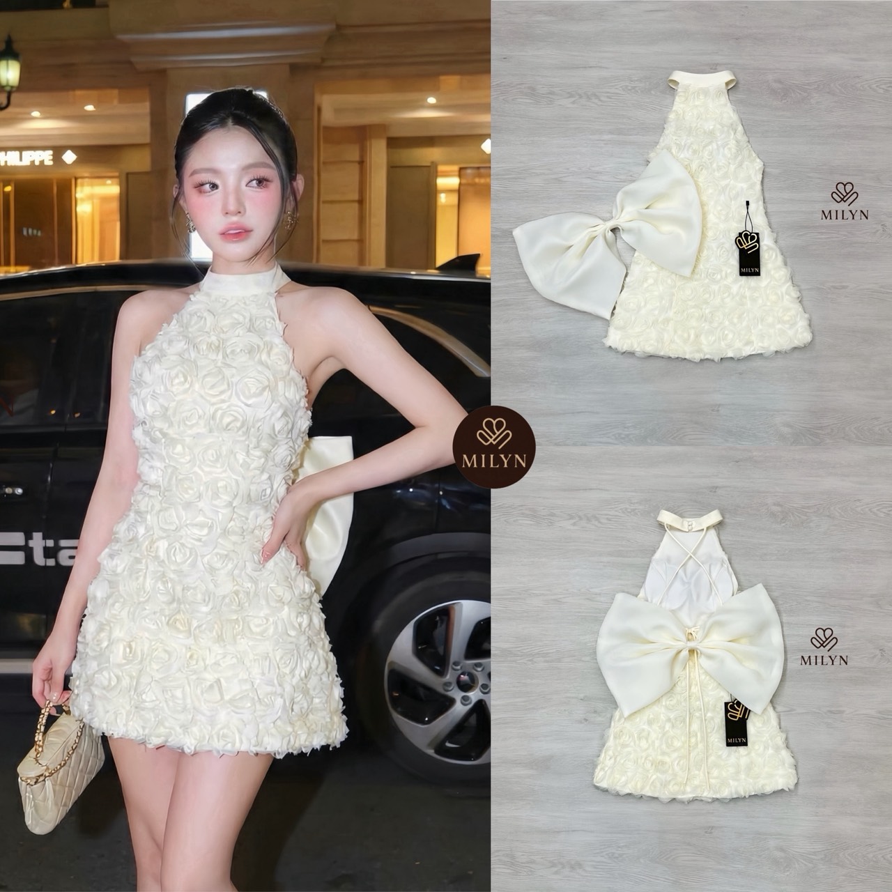 มินิเดรสแต่งดอกกุหลาบทั้งตัว ดีเทลเนื้อผ้าแบบ 3D ทำให้ชุดดูโดดเด่นมากขึ้น คอฮัลเตอร์ช่วยเสริมลุคให้ดูเพรียวและหรูขึ้นไปอีกขั้น ด้านหลังเปิดหลังสวย พร้อมโบว์ใหญ่สุดละมุนเป็นไฮไลต์ของชุด ใส่แล้วน่ารักปนความหวานแบบผู้ดีมากกกก 💙 ตัวเดรสทรงสวย