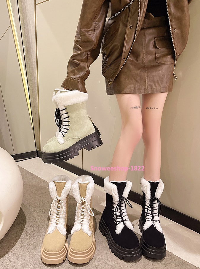 รองเท้าบูทหิมะสำหรับผู้หญิง มี 3 สี กากี ดำ เขียว รองเท้าบูทสไต Retro บูทหนังสังเคราะห์ผ้านุ่มคุณภาพสูง บูทใส่สบายไม่บีบเท้า พื้นทนต่อการสึกหรอ บุขนด้านในหนา น้ำหนักเบาเหมาะสำหรับเดินนาน ไซ 35 ถึง 40