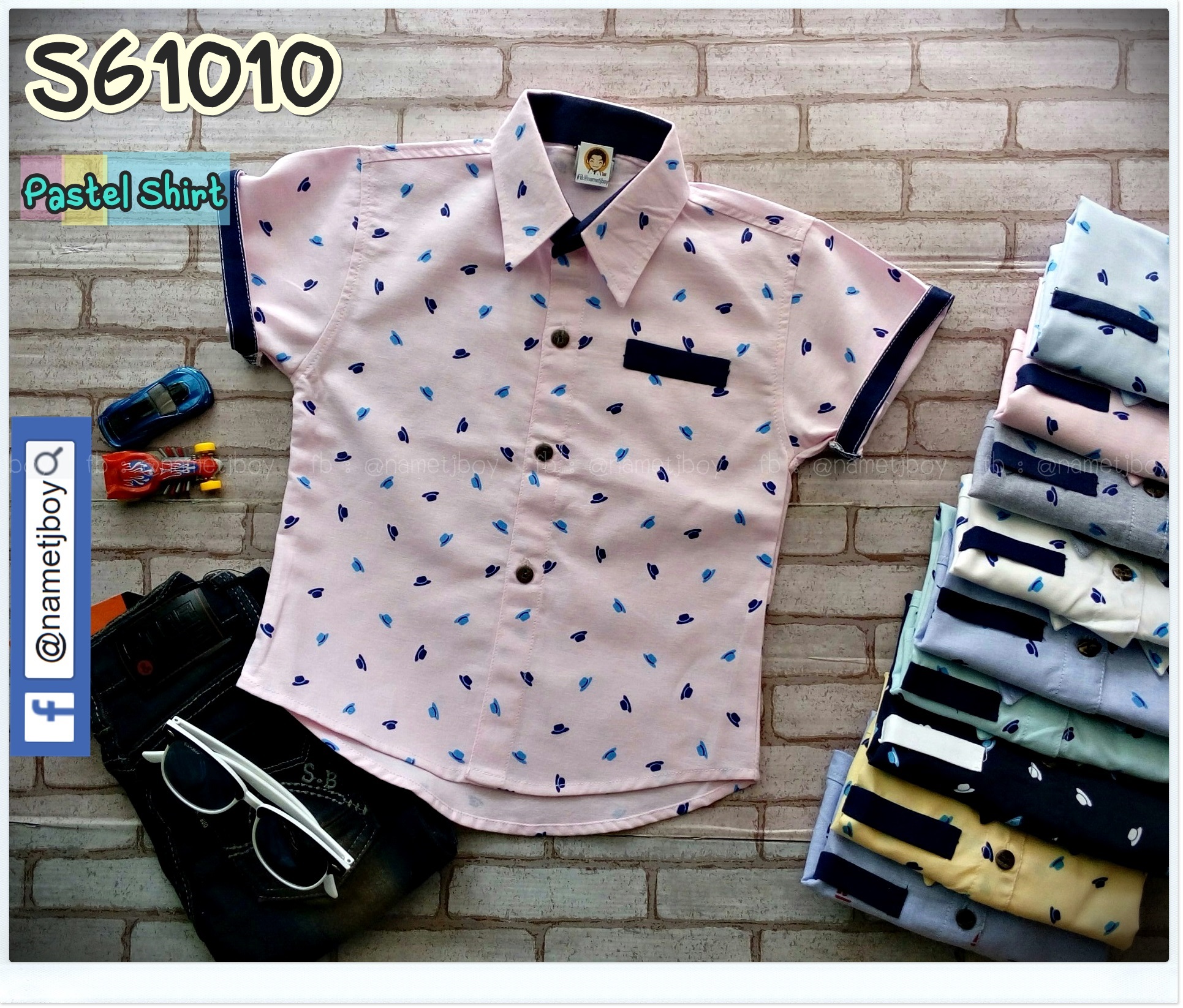 เสื้อเชิ้ตเด็ก แขนสั้น ลายหมวก Pastel สีชมพู ไซส์ M